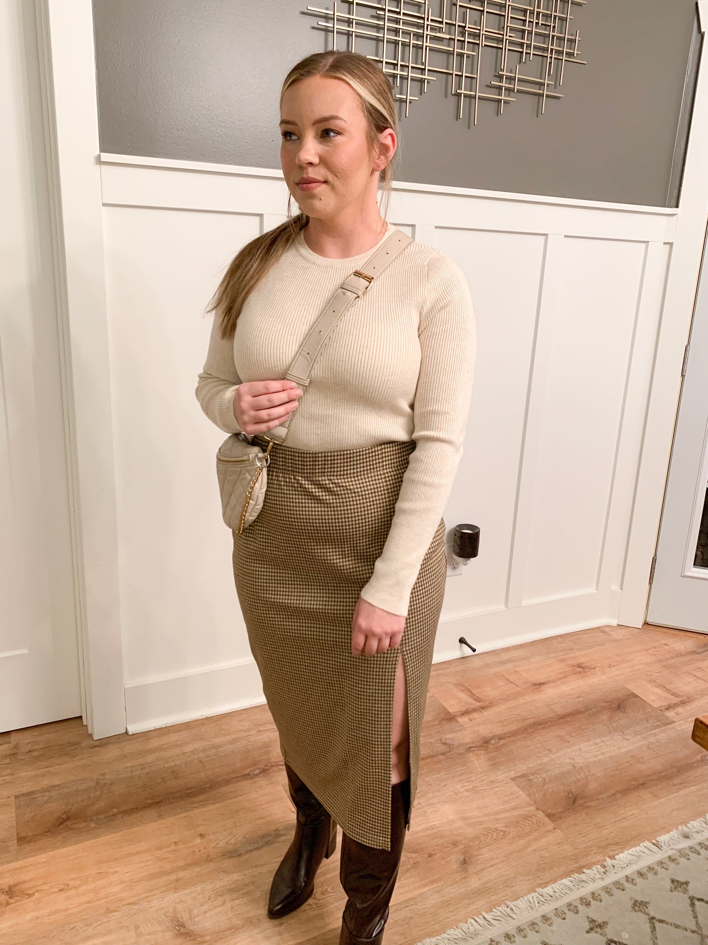 Cheyenne Gingham Print Midi Skirt, Brown