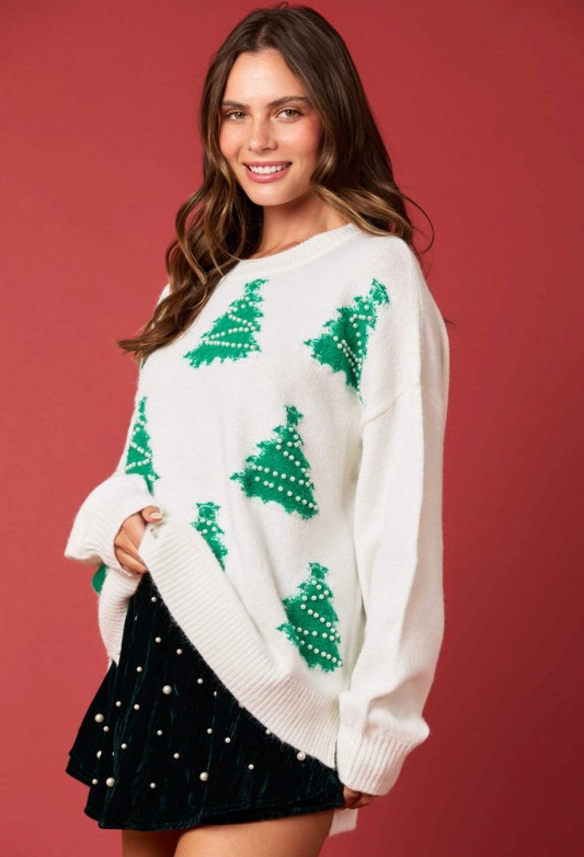 Bex Christmas Tree Oversized Sweater, Ivory