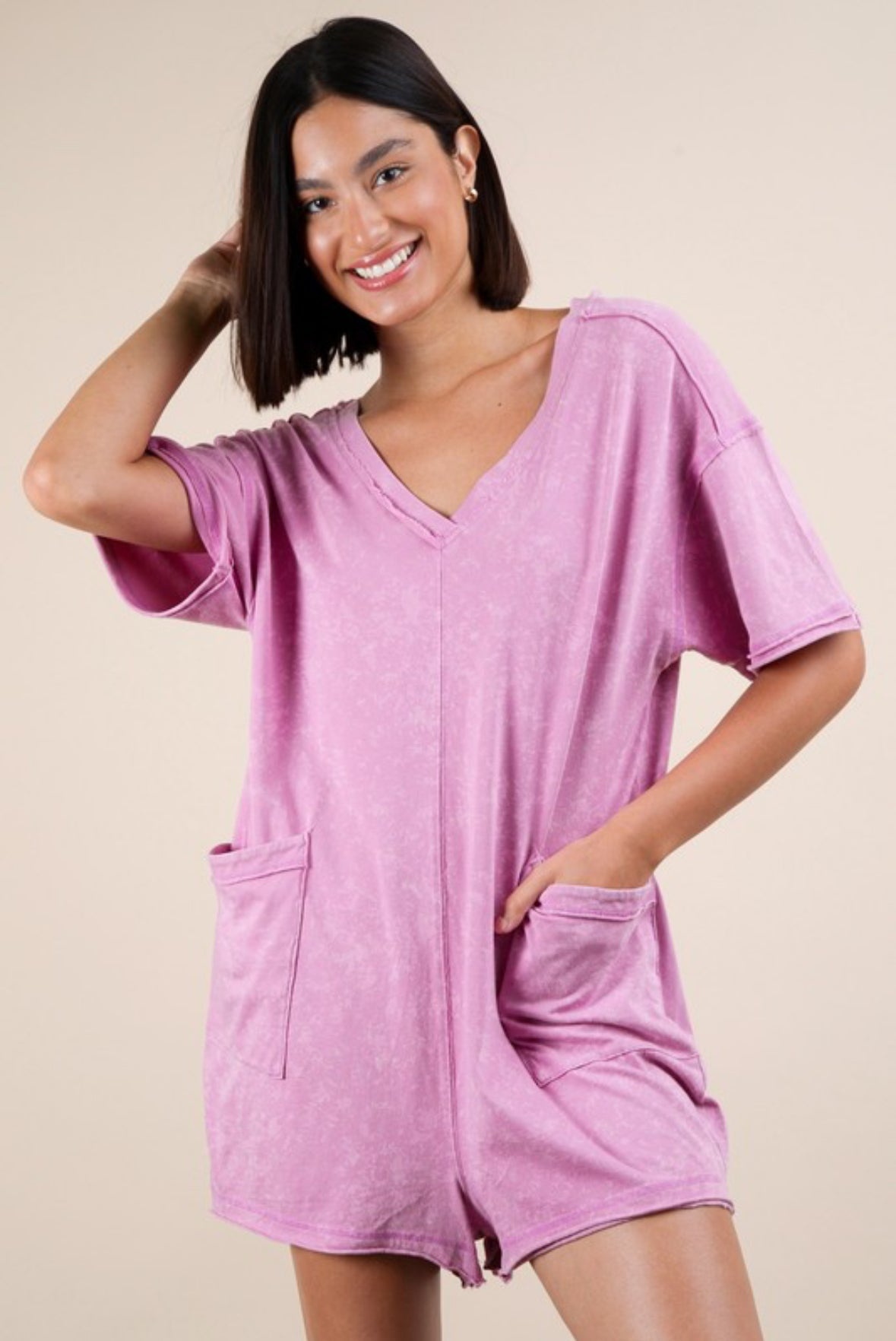 Collie Mineral Washed Oversized Knit Romper, Orchid
