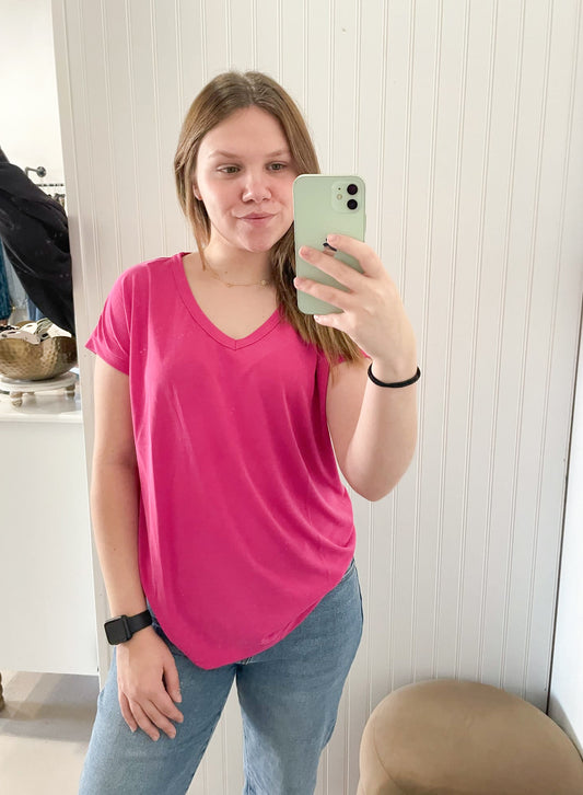 Bettie V-Neck Short Sleeve Jersey Tee, Fuchsia