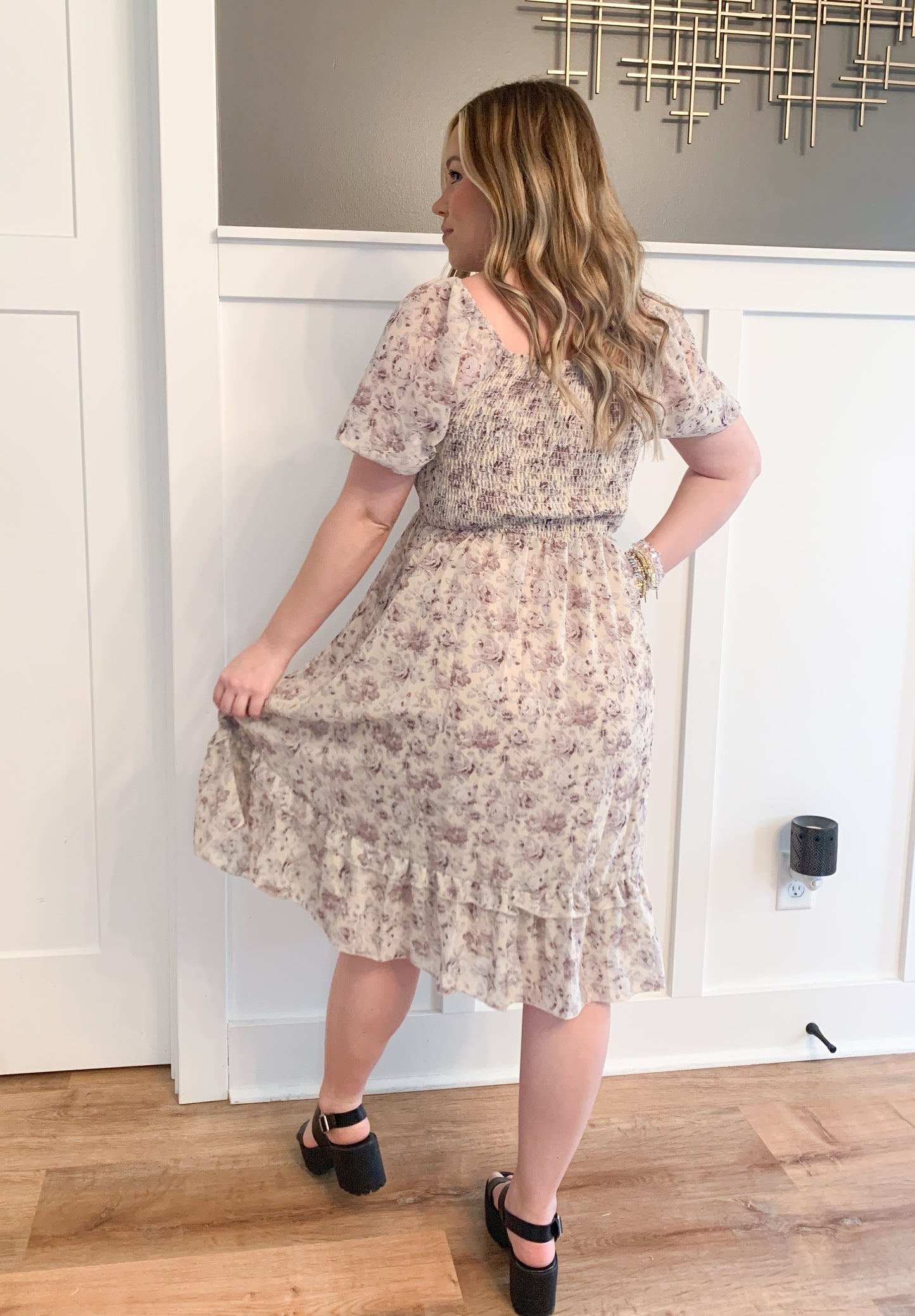 Lennon Floral Tea Length Dress, Whisper Gray