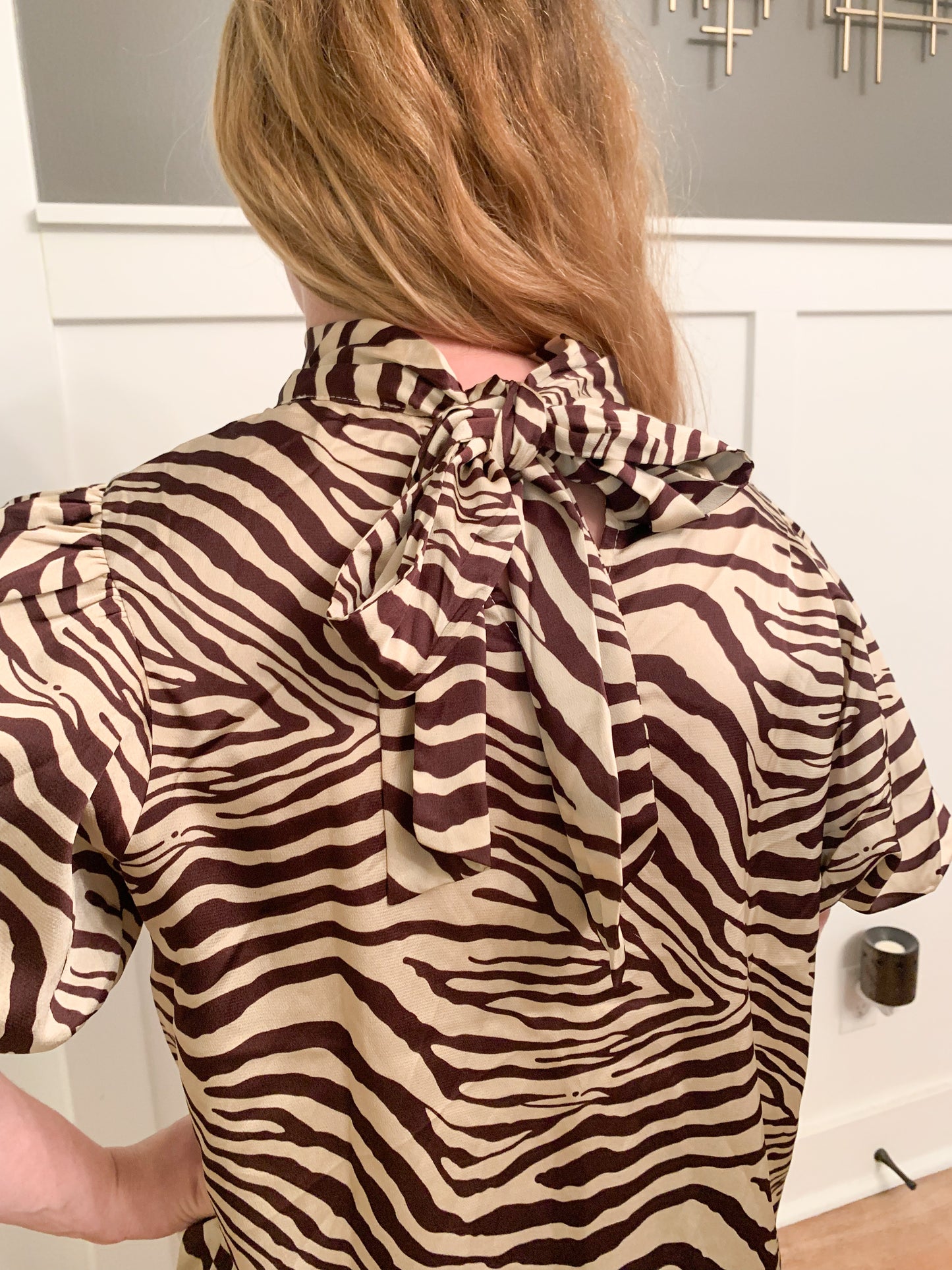 Zebra Mock Neck Puff Sleeve Blouse, Chocolate
