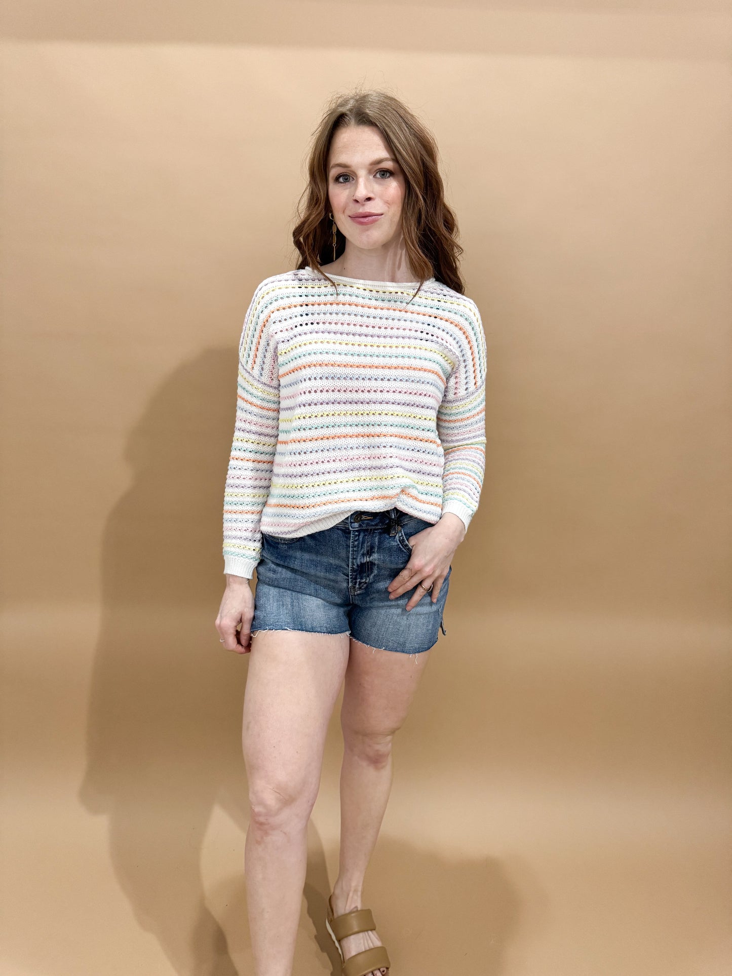 Penelope Pastel Striped Crewneck Sweater, Ivory / Multi