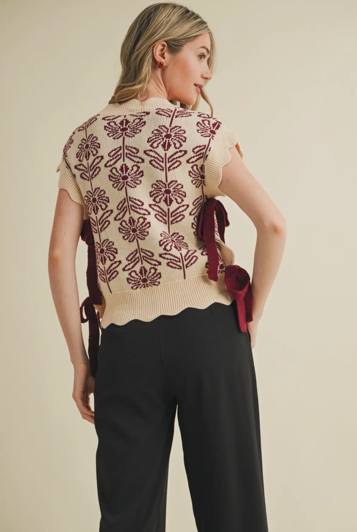 Helena Mock Neck Floral Sweater Vest, Mauve Wine
