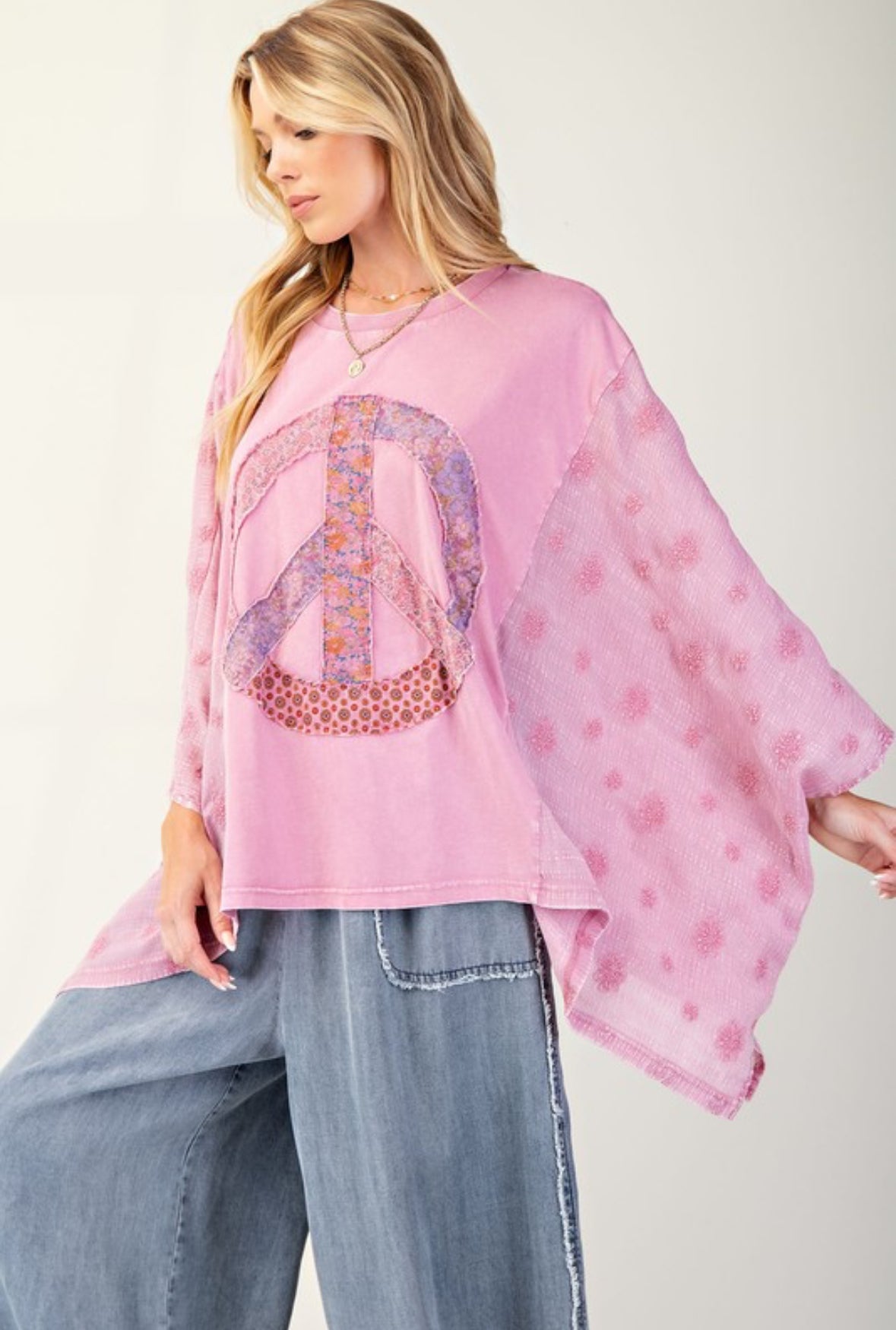 Myra Embroidered Patchwork Peace Sign Poncho, Dusty Rose