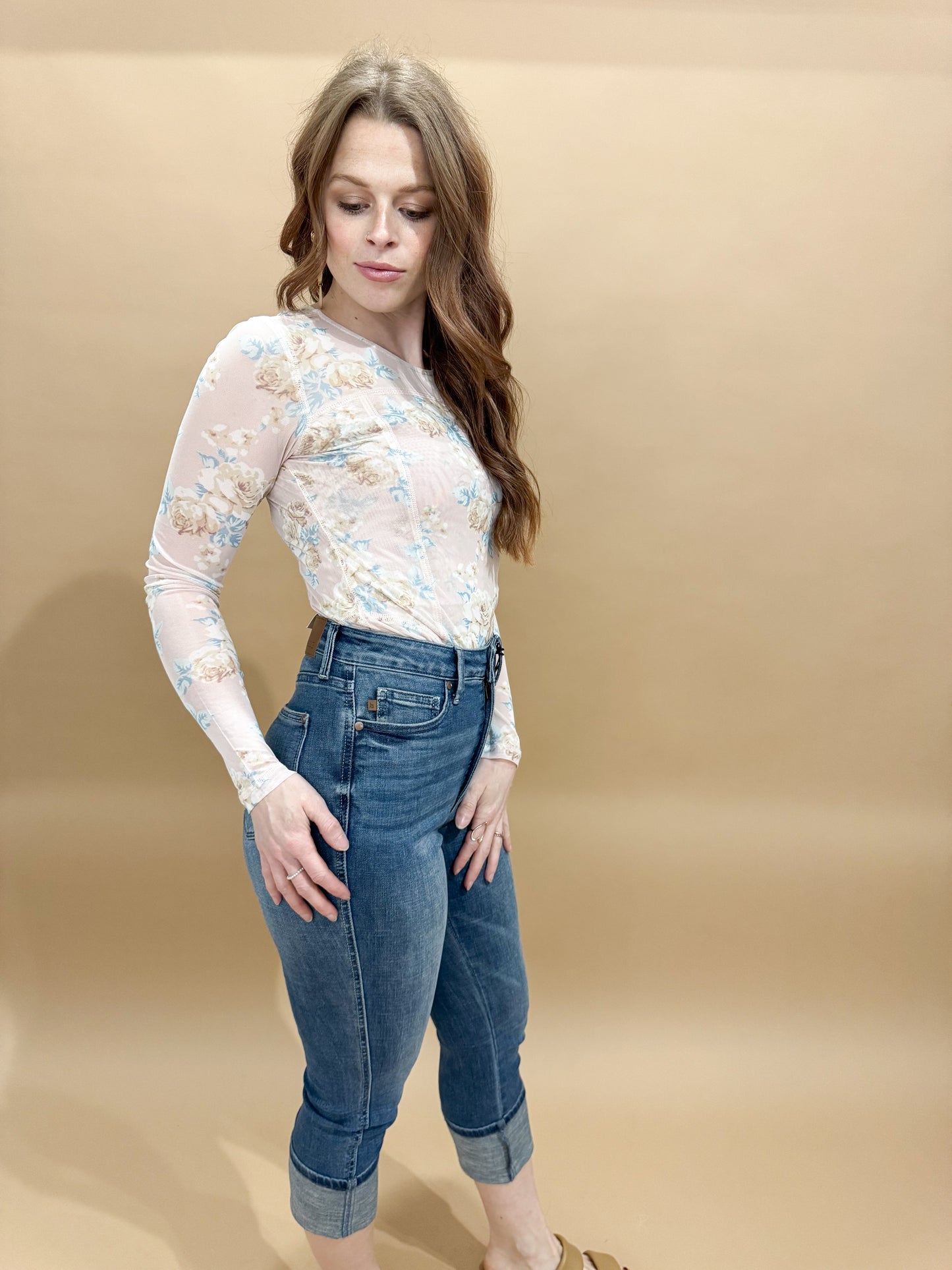 Elvie Floral Print Mesh Fitted Long Sleeve Top, Blush