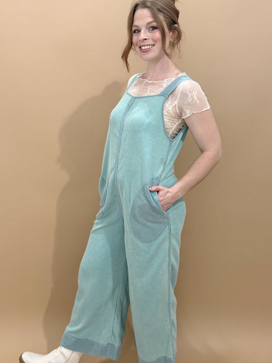 Ellen Mineral Wash Waffle Knit Jumpsuit, Blue