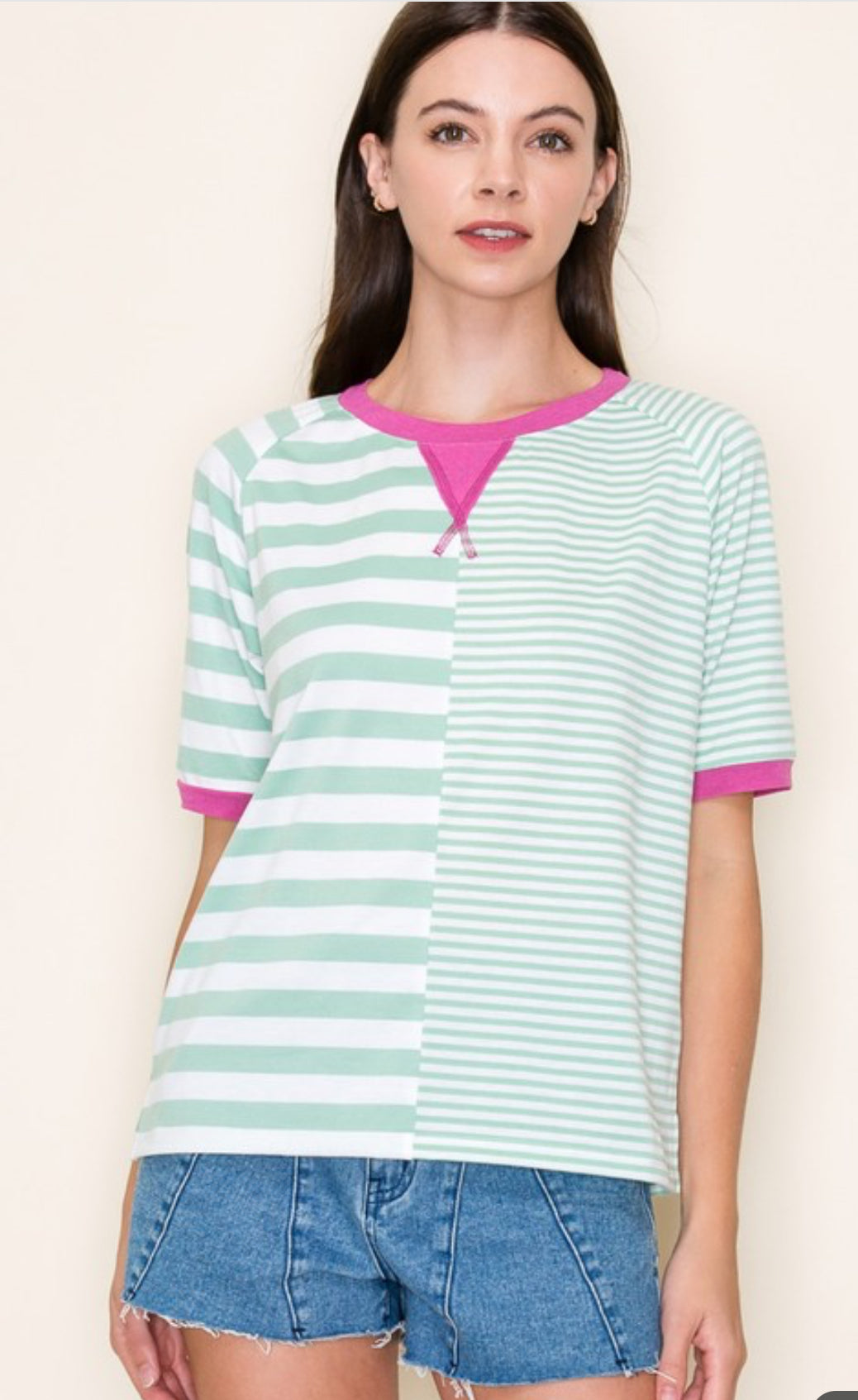 Neva Striped Color Block Half Sleeve Top, Dark Mint