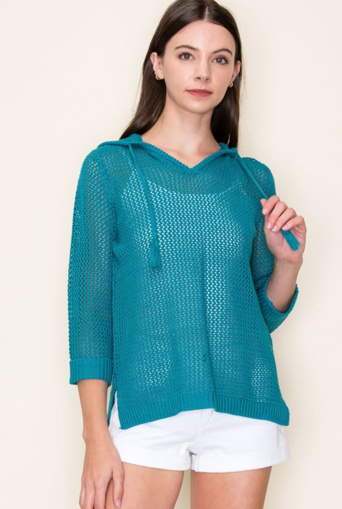 Stormi Crochet Hoodie Sweater, Teal