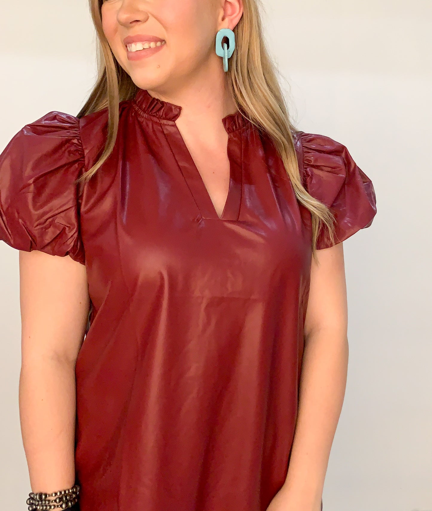Holly Ruffle Sleeve Leather Dress, Burgundy