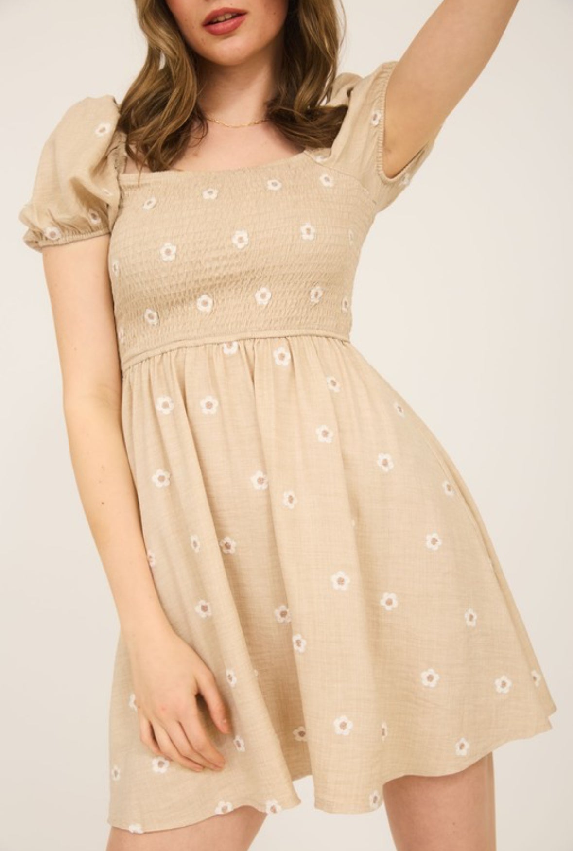 Cecilia Daisy Embroidered Smocked Babydoll Mini Dress, Taupe