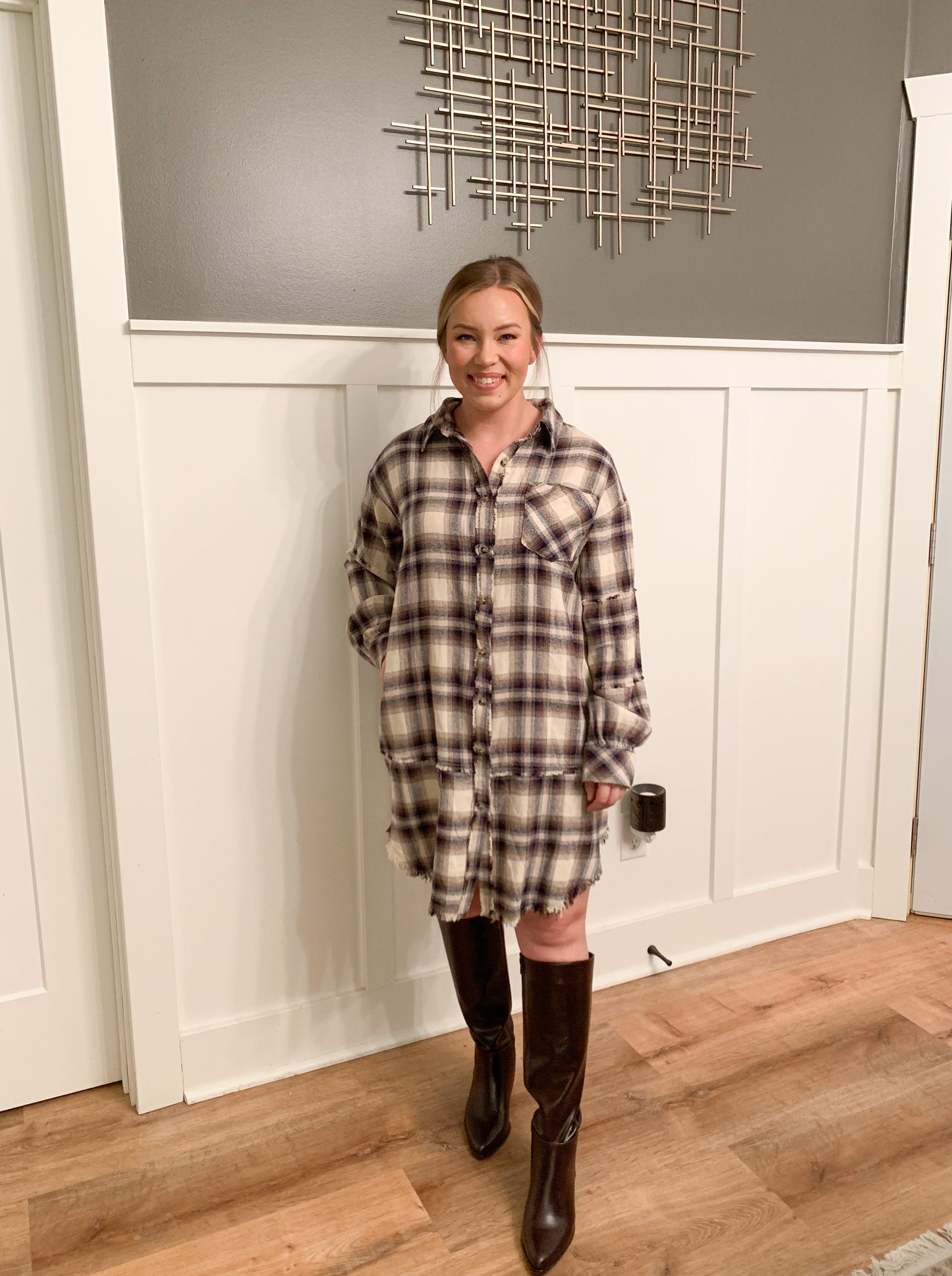 Breigh Washed Plaid Button Down Shirt Dress, Stone