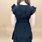 Lyla V-neck Short Sleeve Ruffle Detail Shirred Mini Dress, Black