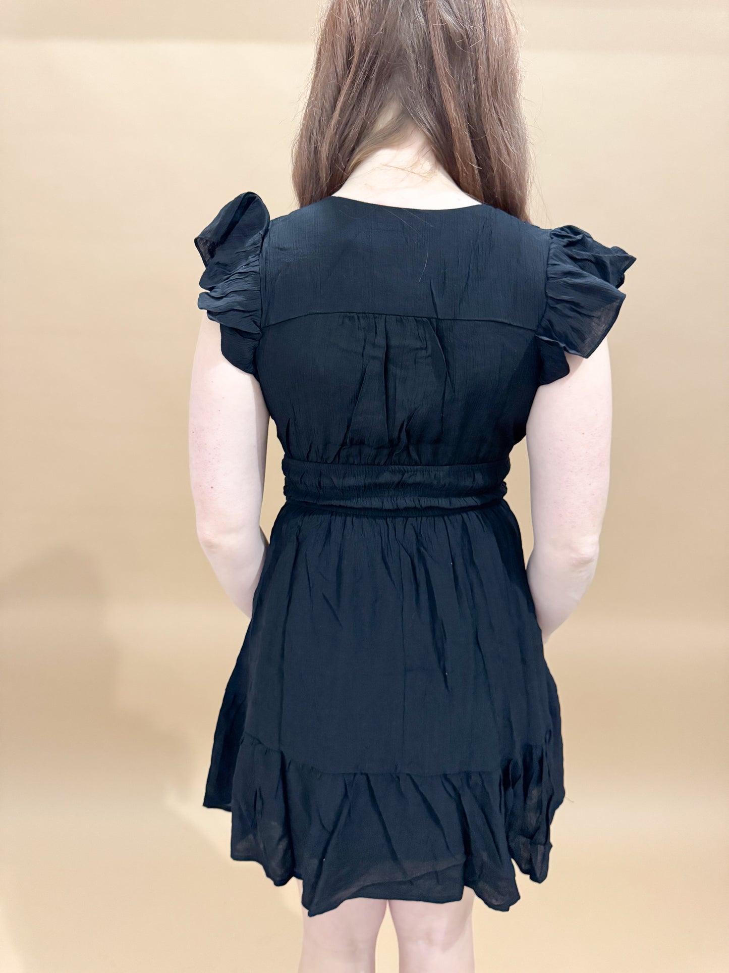 Lyla V-neck Short Sleeve Ruffle Detail Shirred Mini Dress, Black