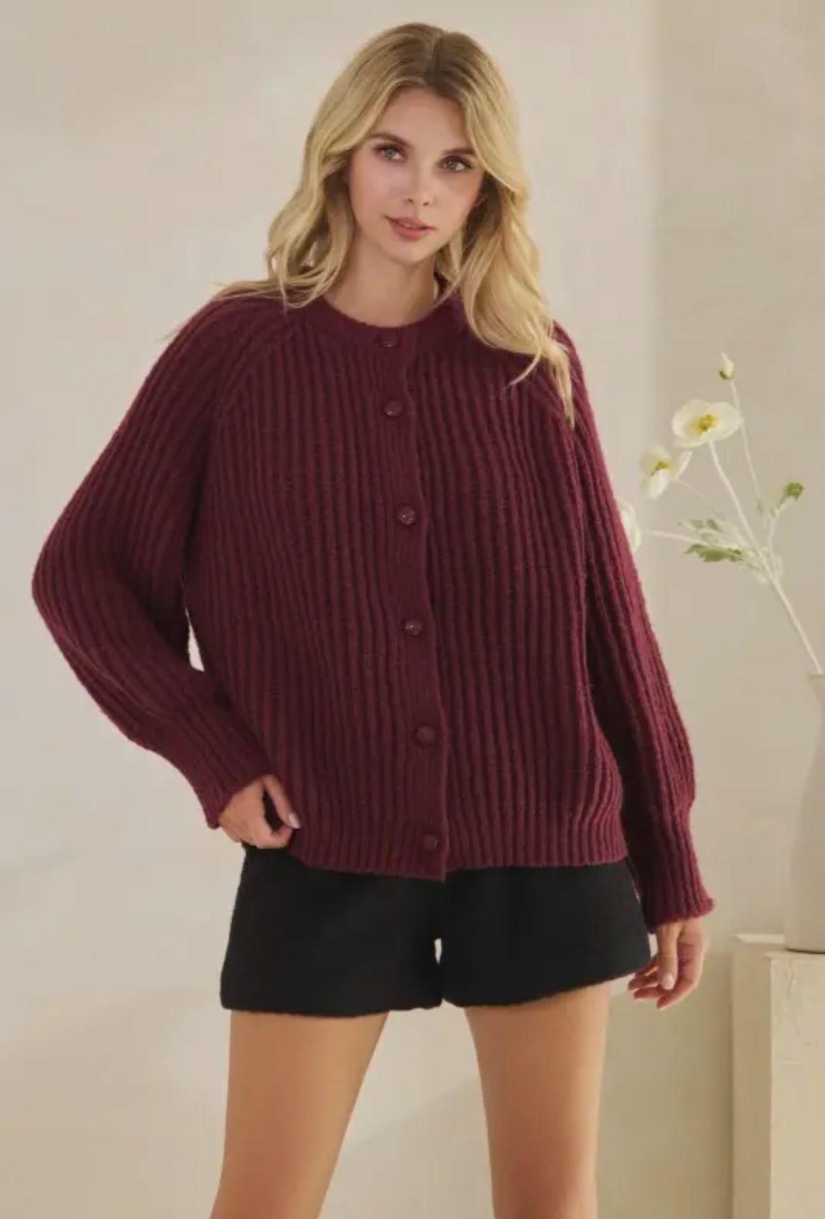 Maxine Button Up Knit Sweater, Wine