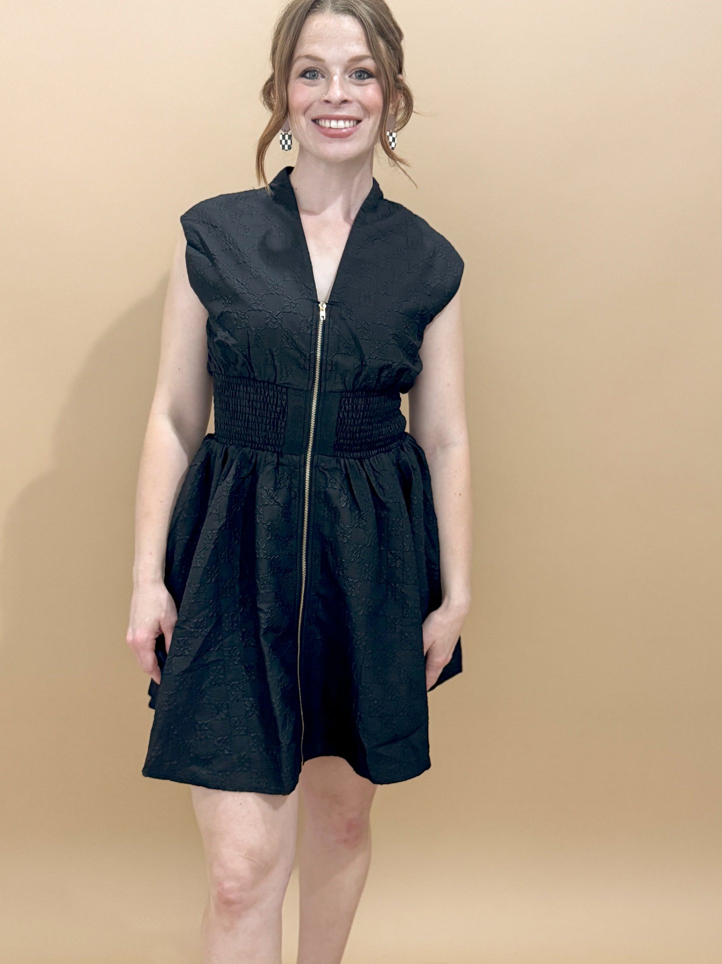 Demi Floral Appliqué Zip Up Mini Dress, Black