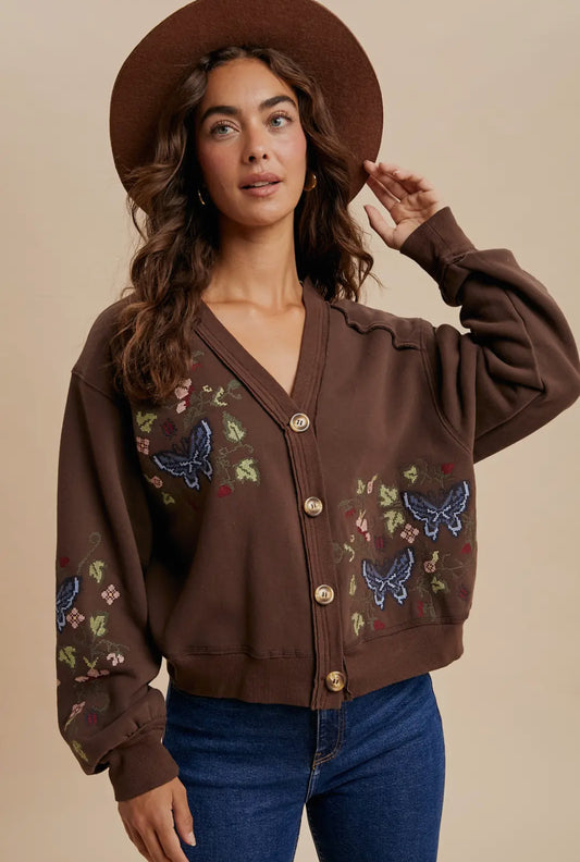 Roan Butterfly Embroidered Cardigan, Chestnut