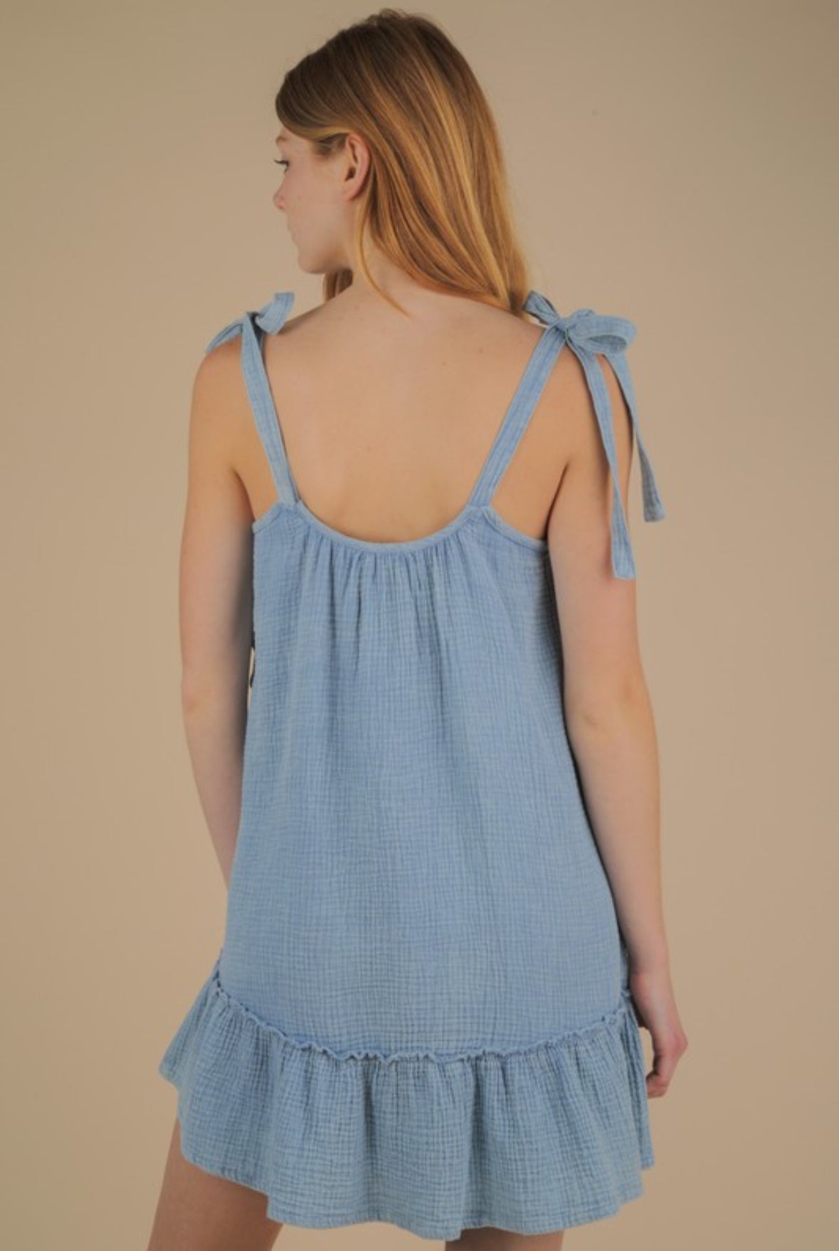 Kathi Mineral Washed Shoulder Tie Mini Dress, Denim