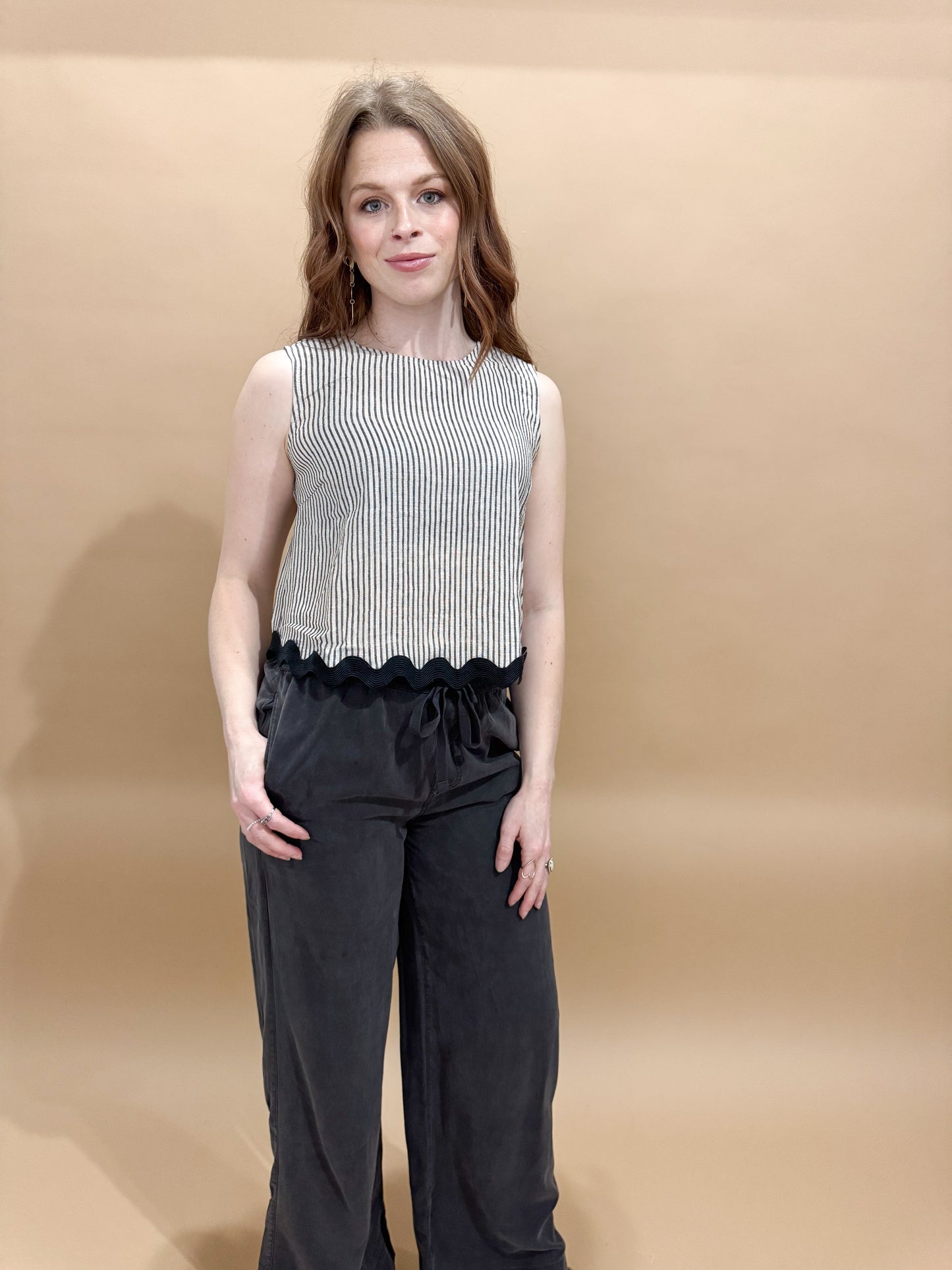Kallissa Stripe Wave Hem Sleeveless Top, Khaki / Black (matching set)