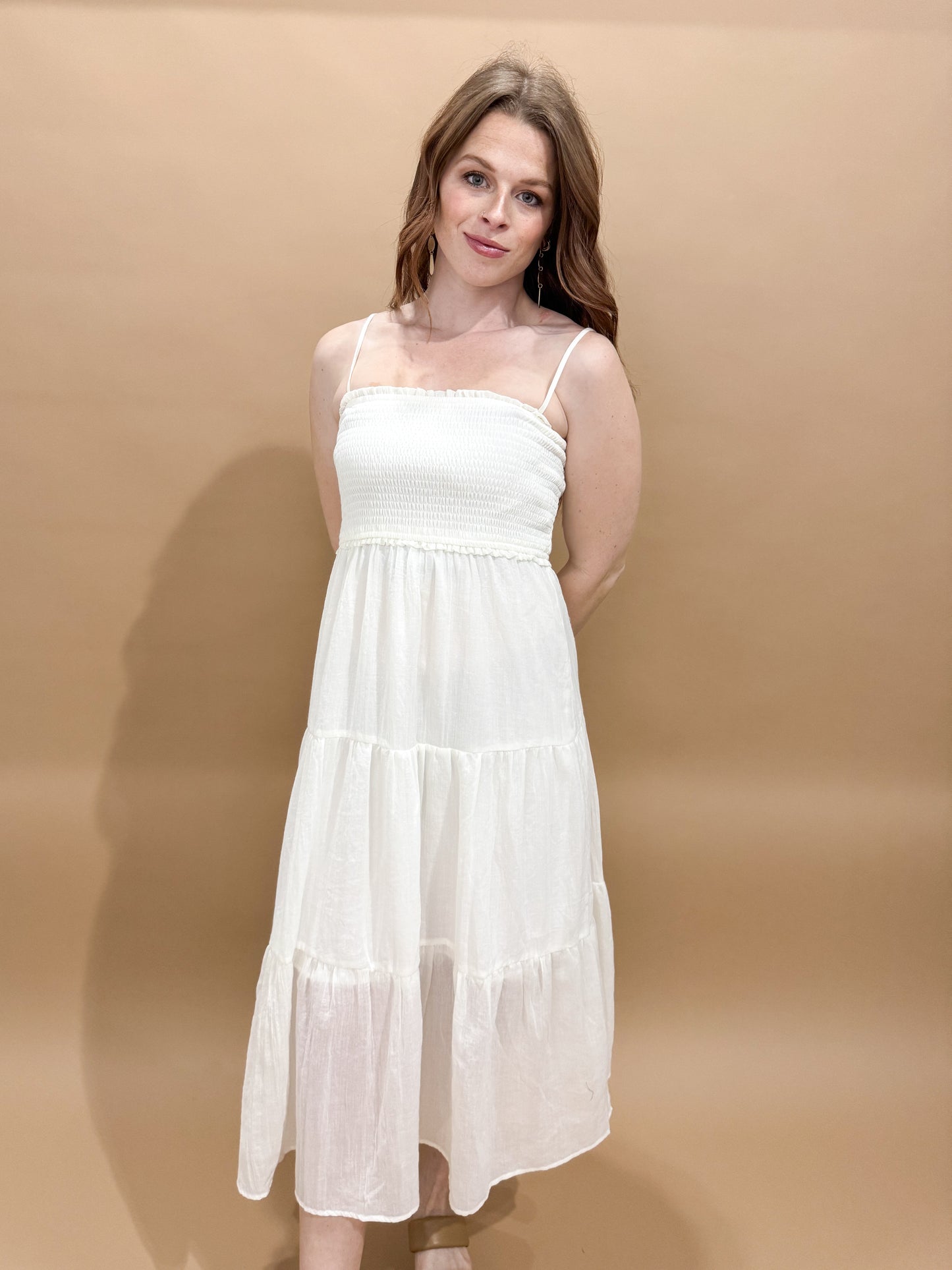 Kyleigh Lined Midi Dress with Smocked Bodice, White