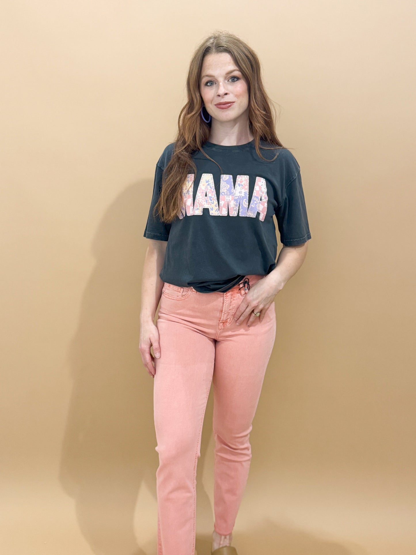 Patchwork Print Mama Graphic Tee, Black