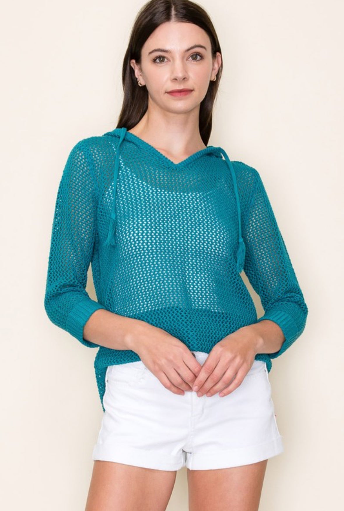 Stormi Crochet Hoodie Sweater, Teal