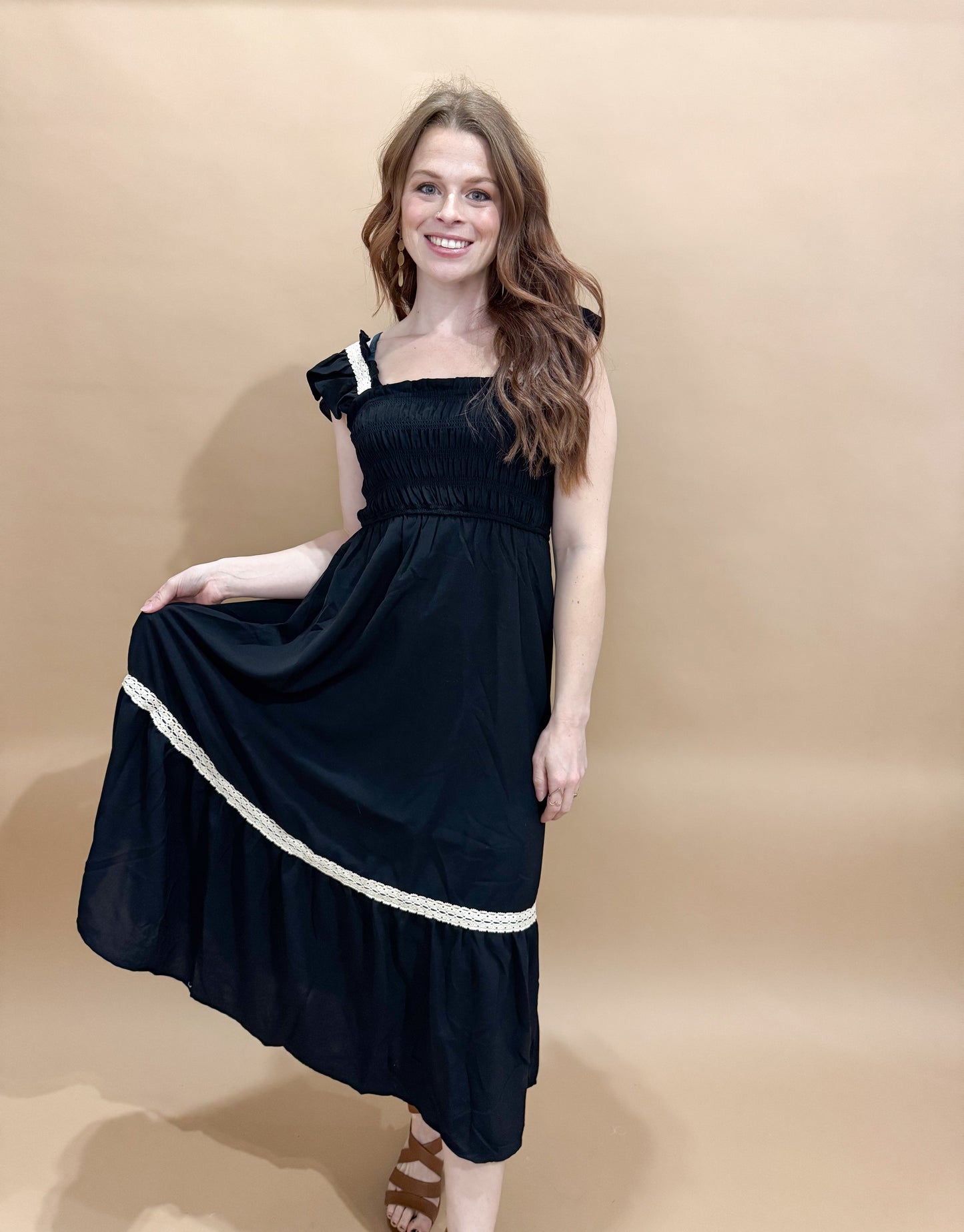 Ivy Contrast Detail Smocked Ruffle Midi Dress, Black / Cream