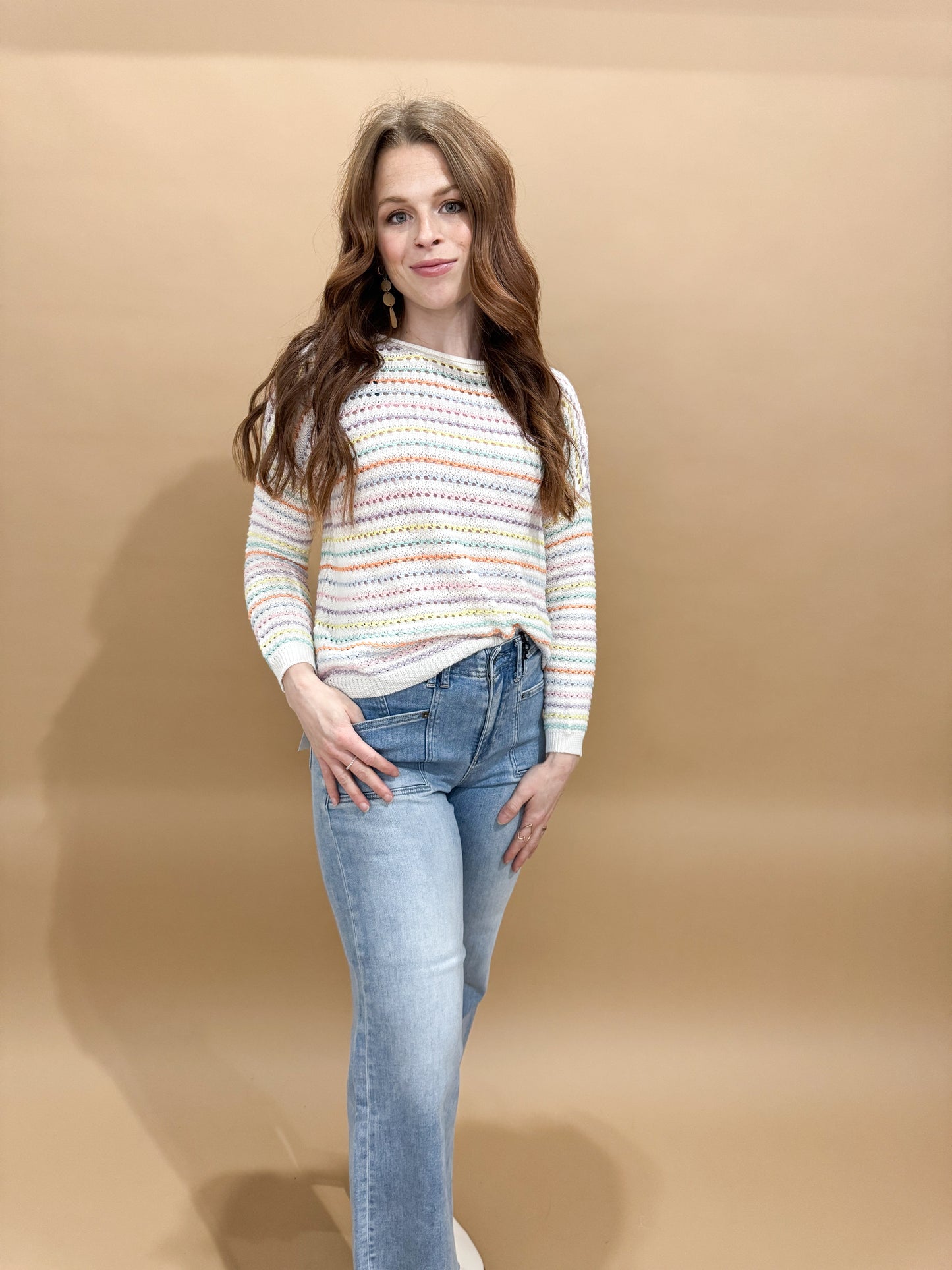 Penelope Pastel Striped Crewneck Sweater, Ivory / Multi