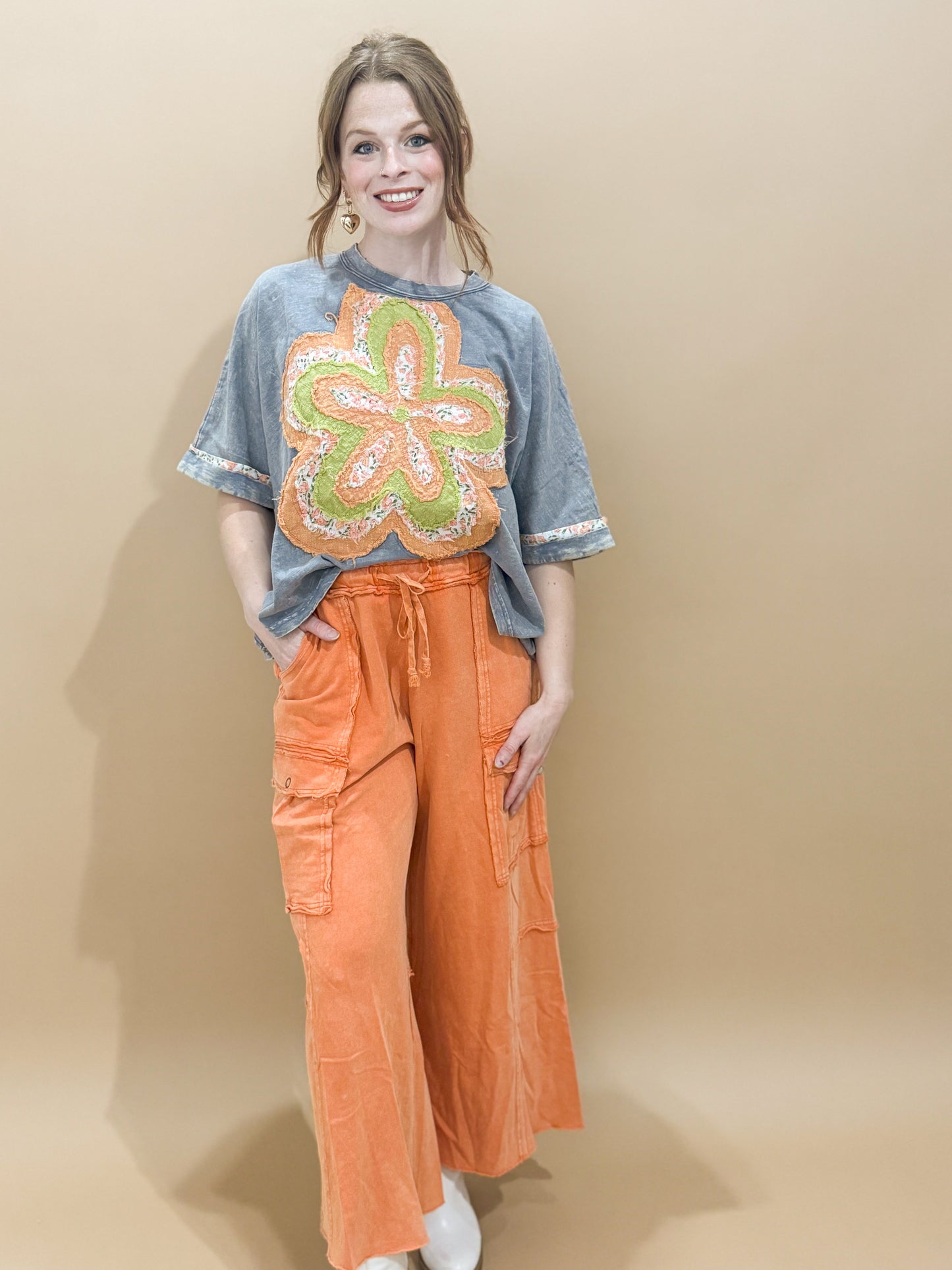 Finleigh Mineral Washed Wide Leg Cargo Lounge Pants, Faded Rust