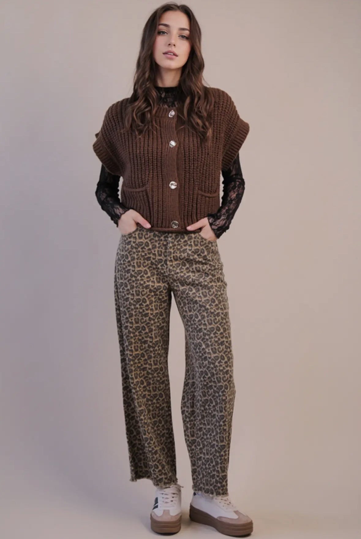 Amelia Oversized Button Down Knit Sweater Vest, Brown