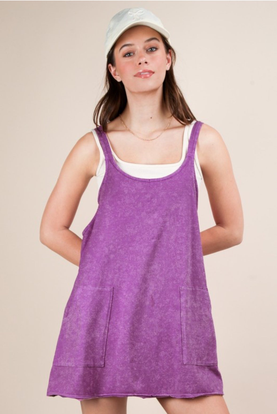 Margot Mineral Washed Knit Mini Dress w/ Romper Underneath, Purple Orchid