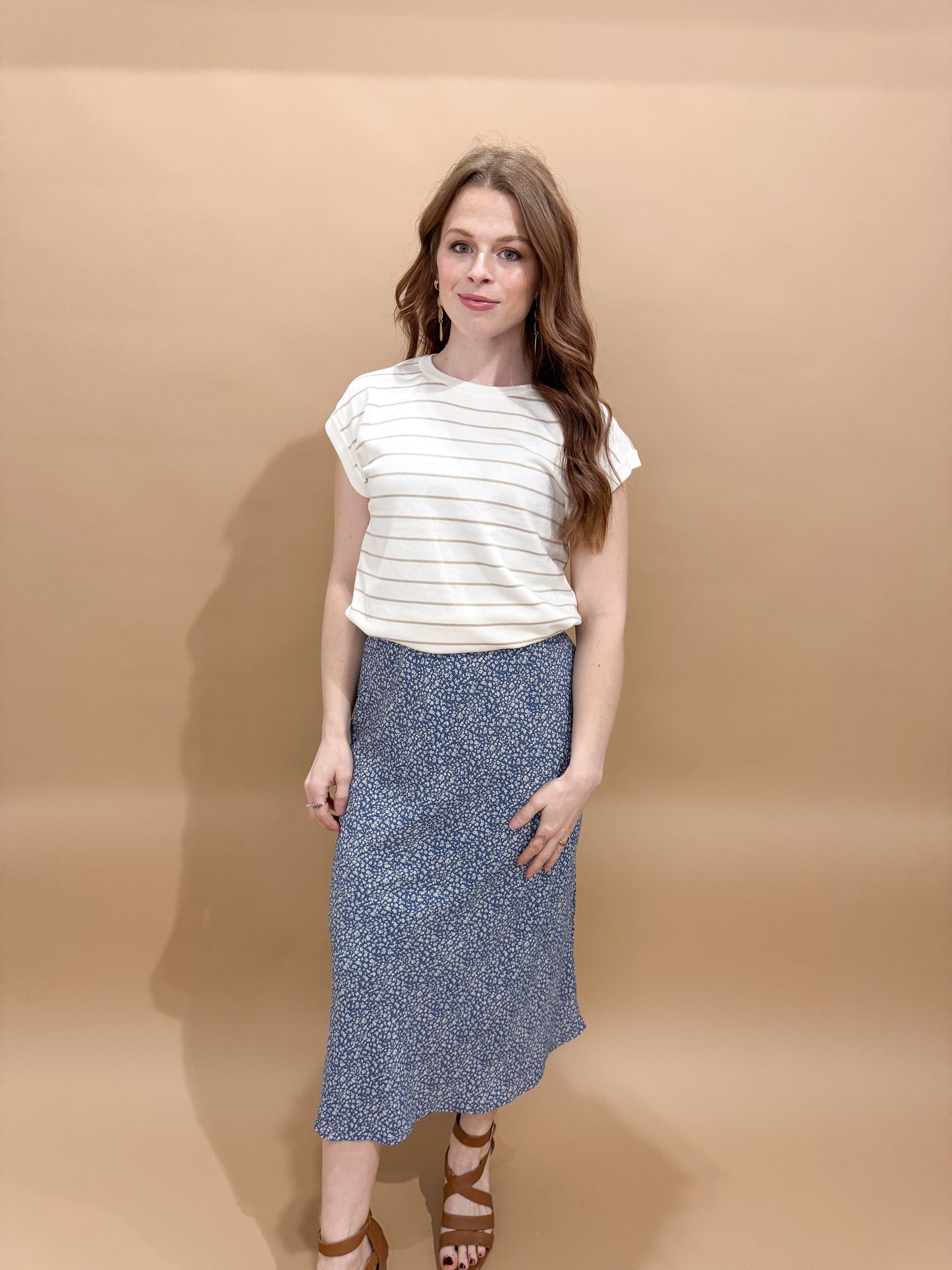 Sedona Striped Crewneck Short Sleeve Sweater, Ivory/Taupe