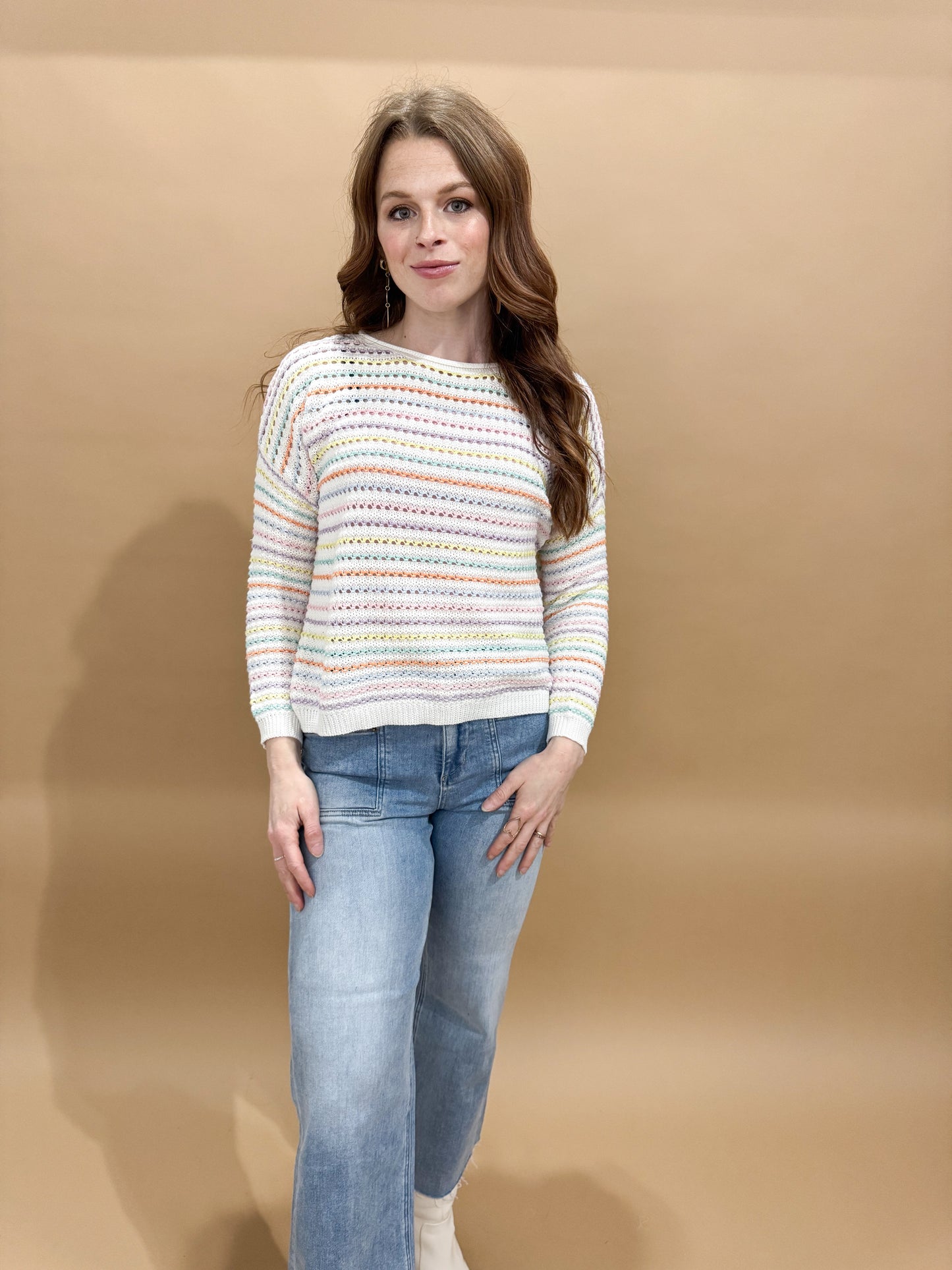 Penelope Pastel Striped Crewneck Sweater, Ivory / Multi