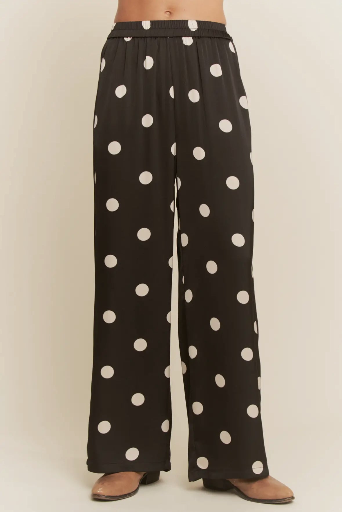 Wide Leg Satin Polka Dot Pants, Black w/ White Dots