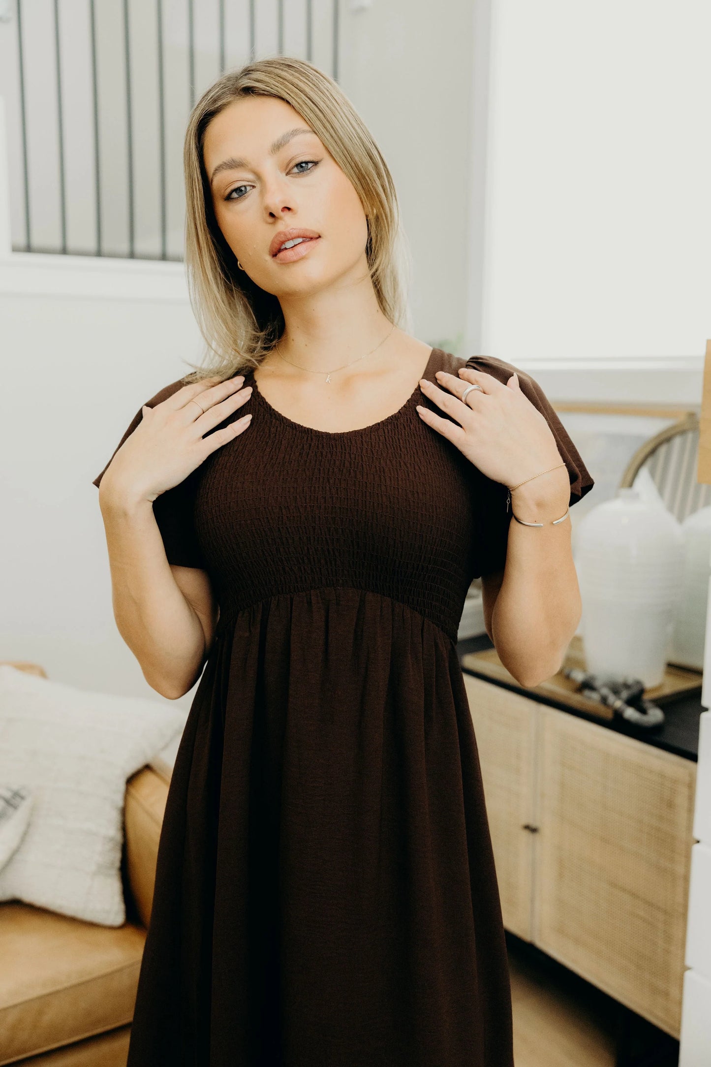 Liv Smocked Top Midi Dress, Raisin