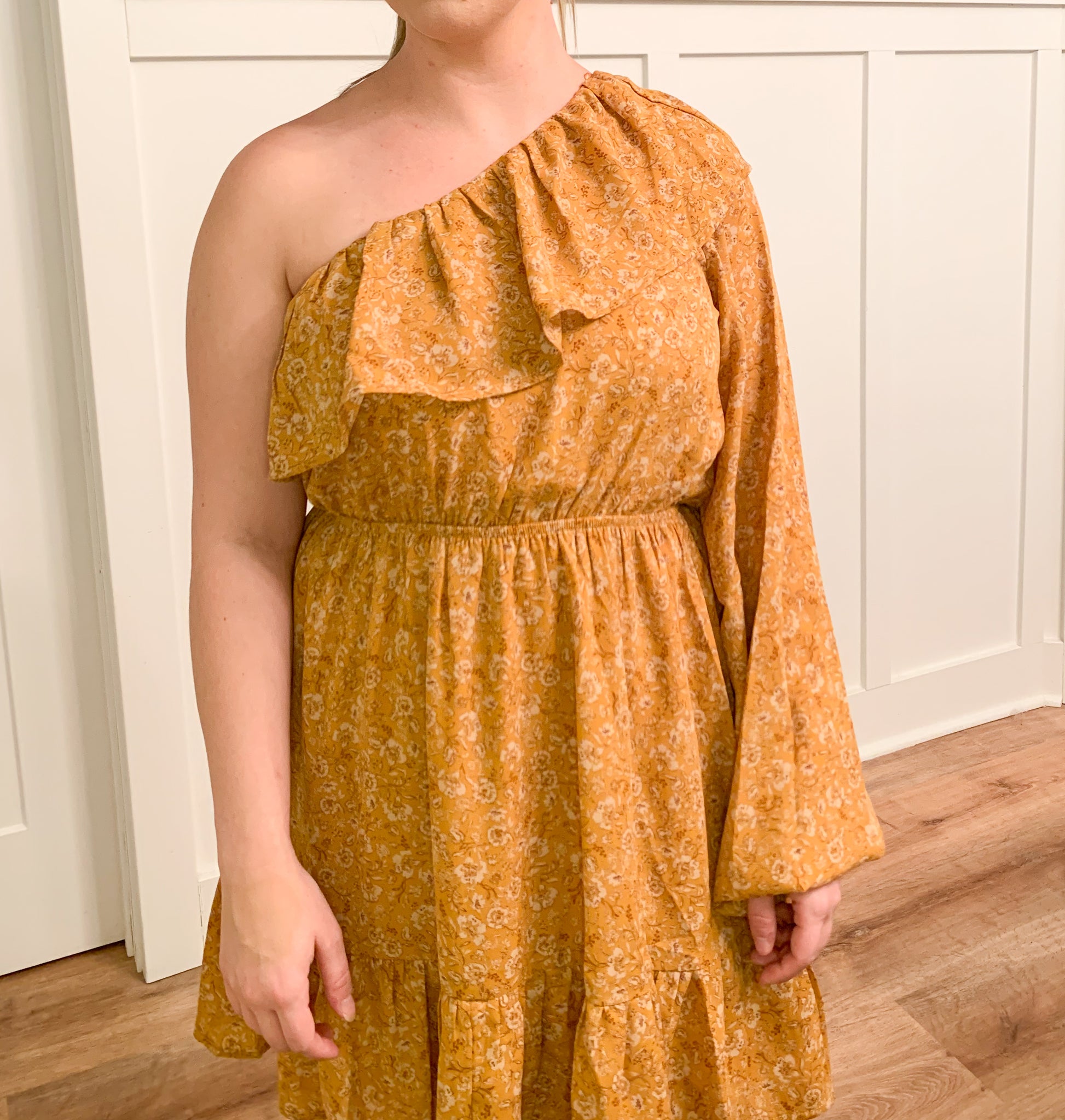 Gemma Boho One Shoulder Ruffled Mini Dress, Mustard Modern Groove Boutique Gemma Boho One Shoulder Ruffled Mini Dress, Mustard Modern Groove Boutique