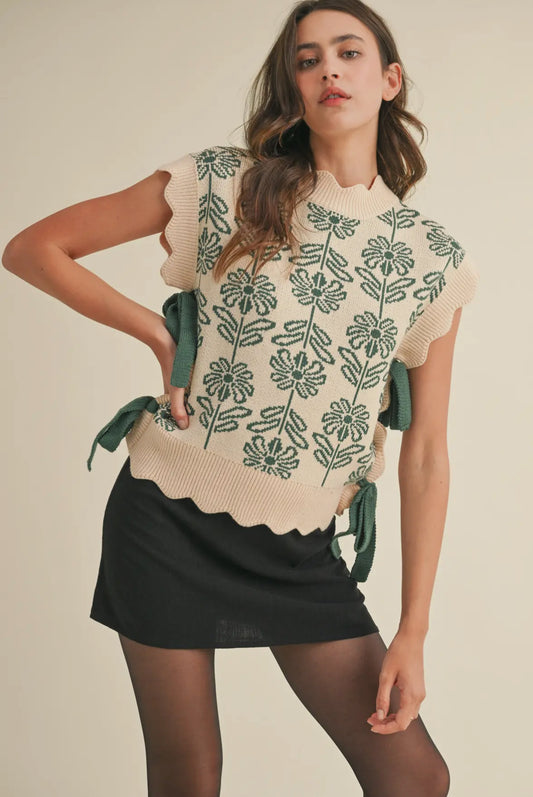 Helena Mock Neck Floral Sweater Vest, Hunter Green