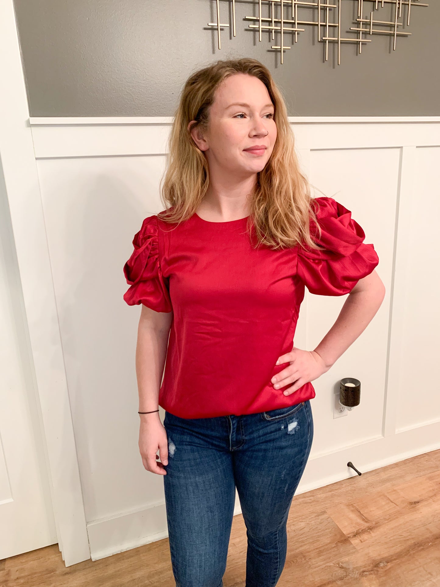 Avery Satin Fall Drape Sleeve Detail Blouse, Ruby