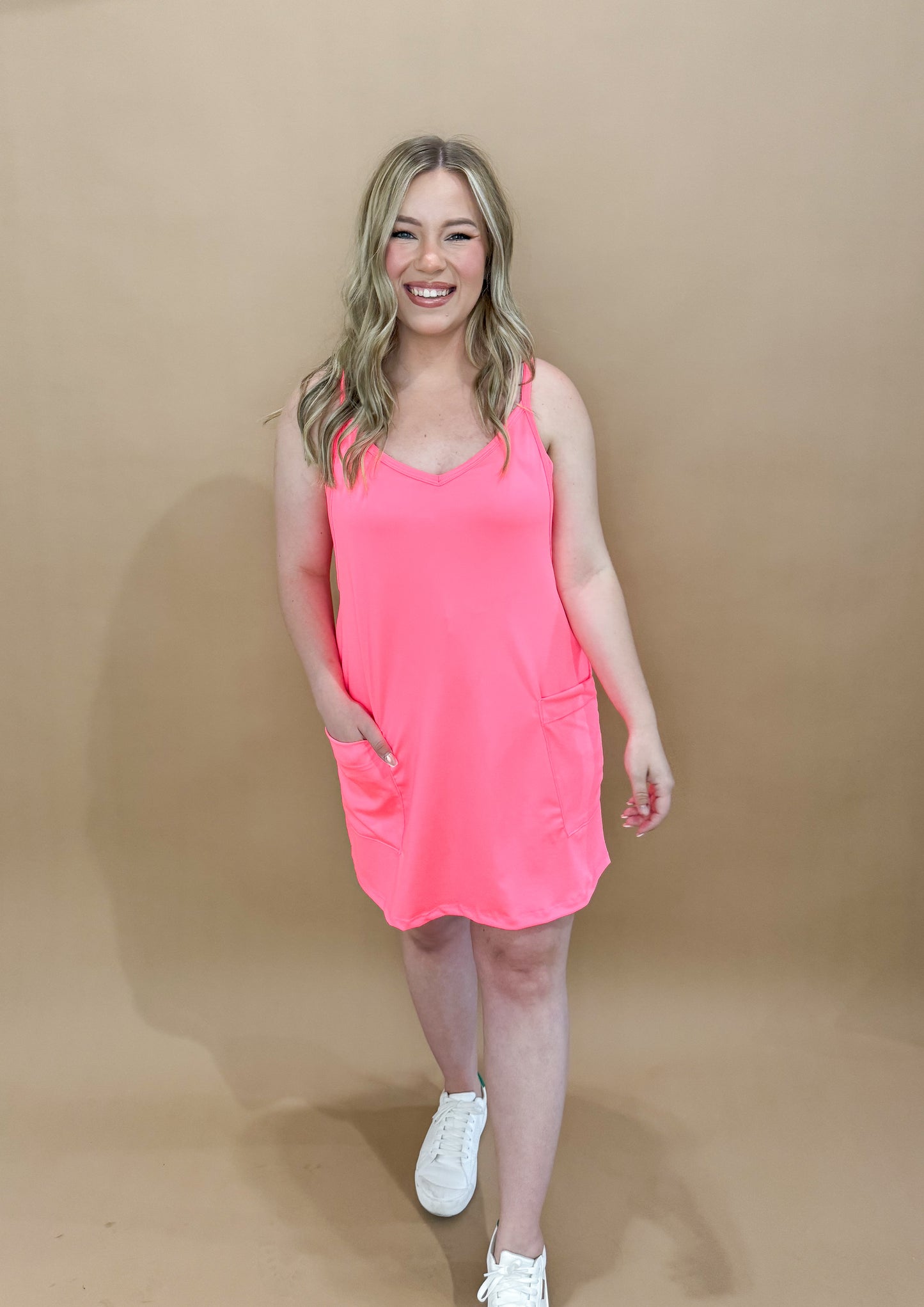 Neon Nights Active Mini Dress w/ Built In Romper, Neon Pink