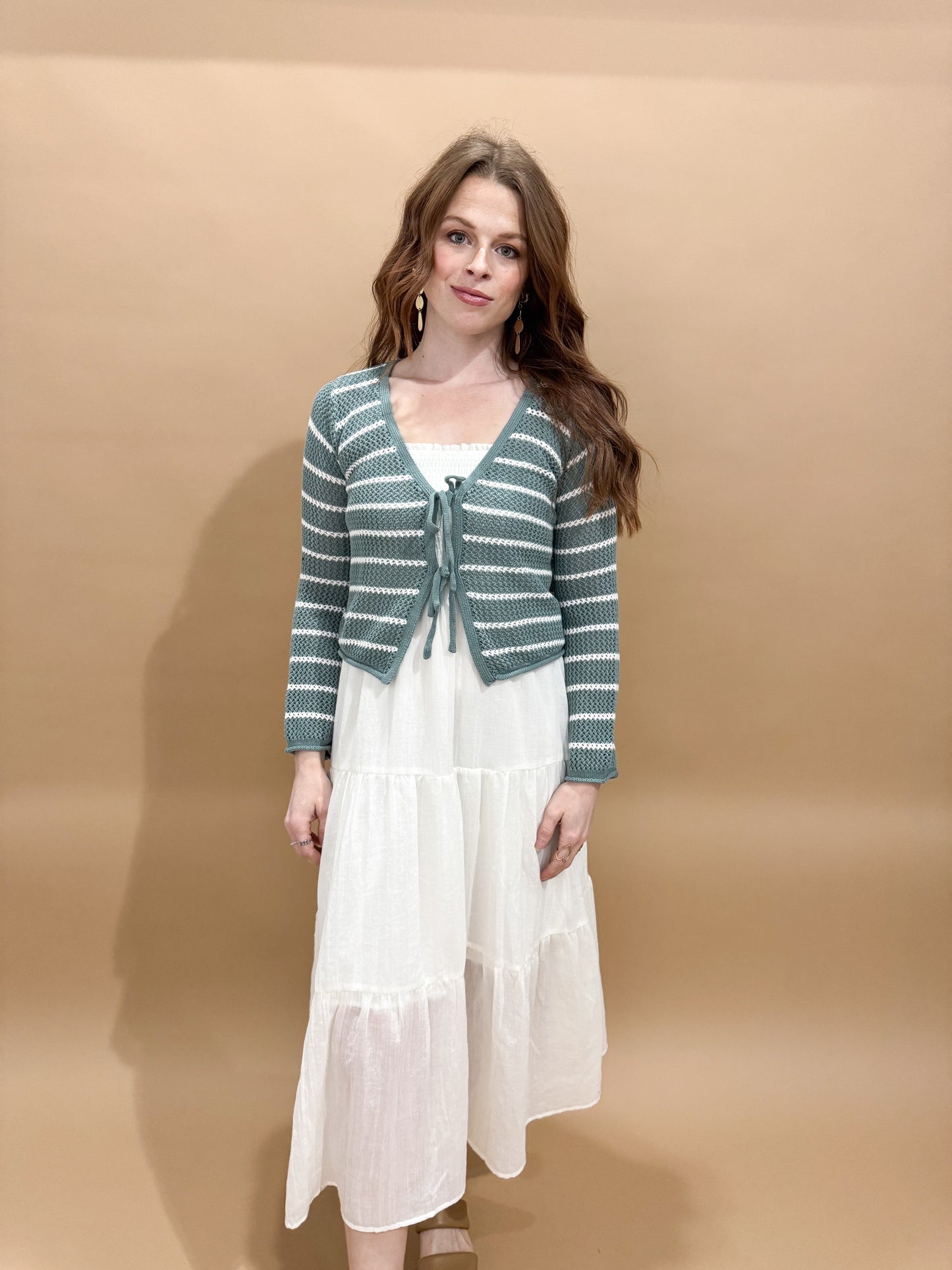 Kyleigh Lined Midi Dress with Smocked Bodice, White