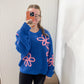 Moira Floral Contrast Stitch Pullover Sweater, Blue / Pink