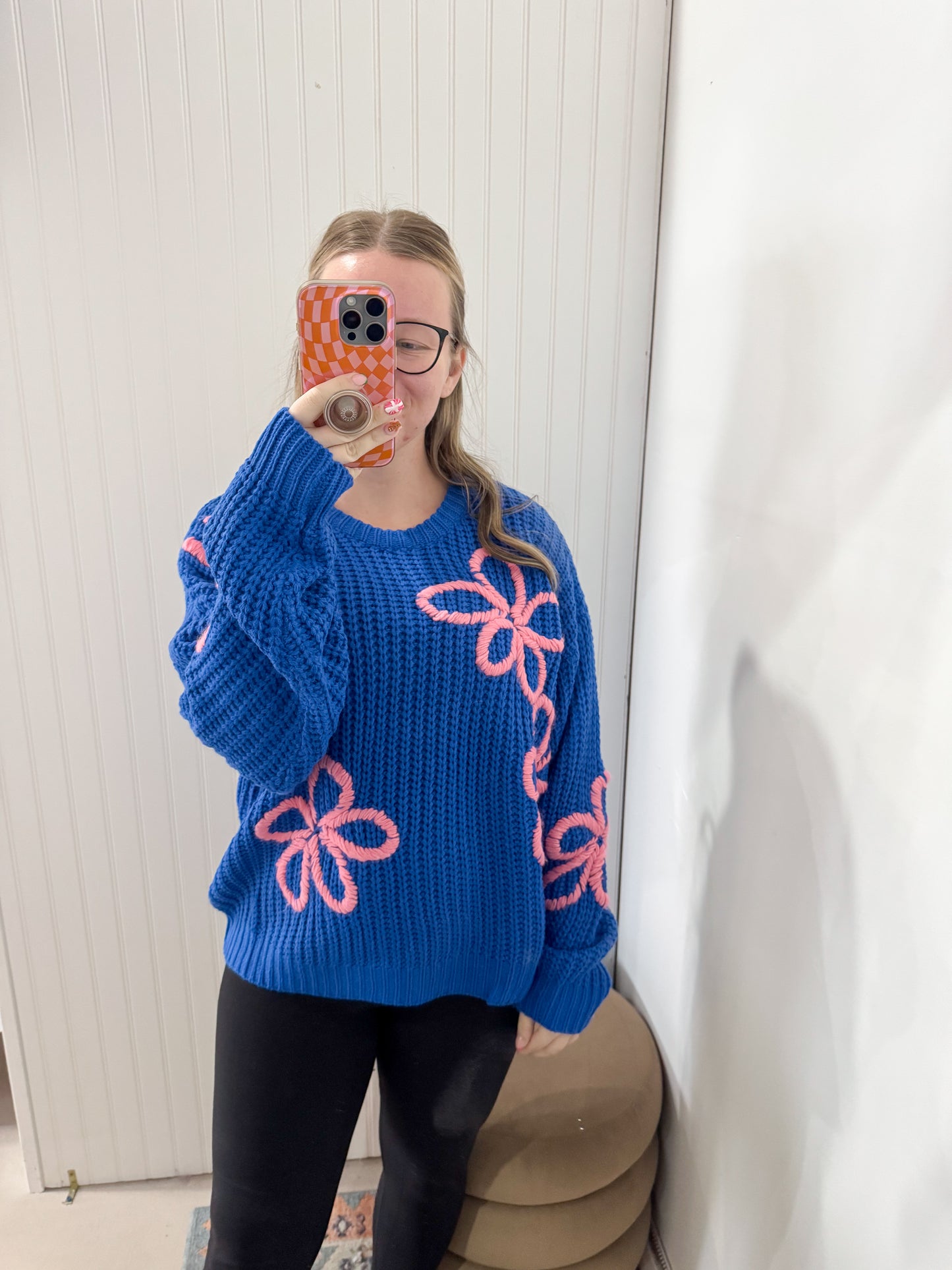 Moira Floral Contrast Stitch Pullover Sweater, Blue / Pink