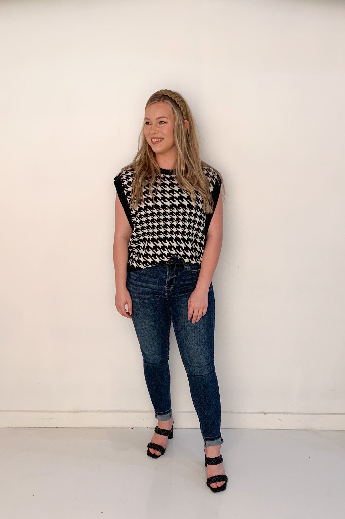 Workin' Girl Houndstooth Sweater Vest, Black