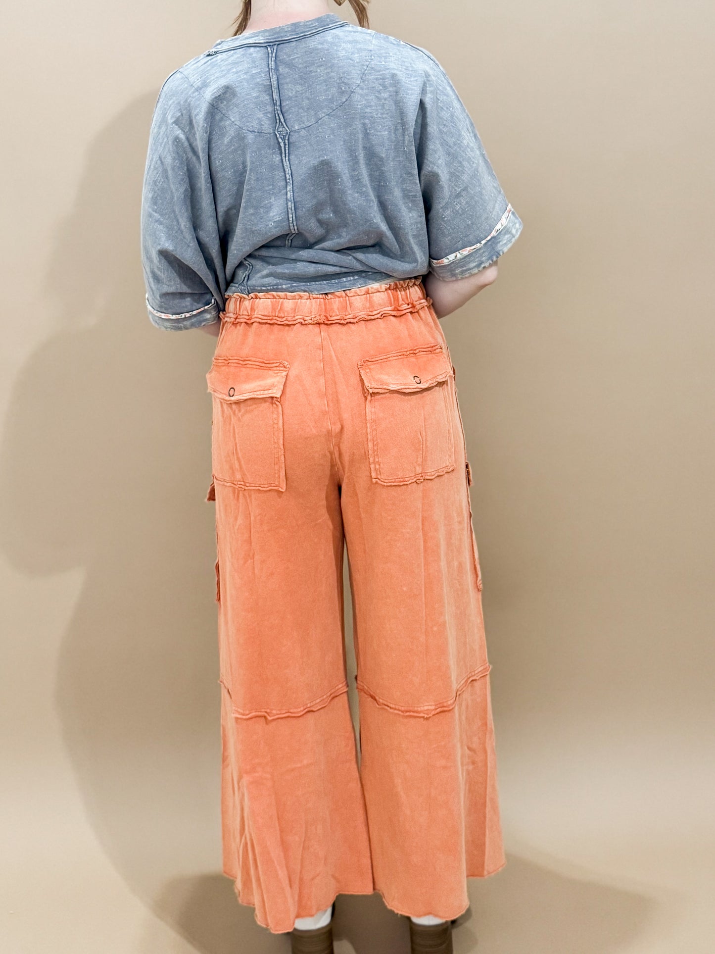 Finleigh Mineral Washed Wide Leg Cargo Lounge Pants, Faded Rust