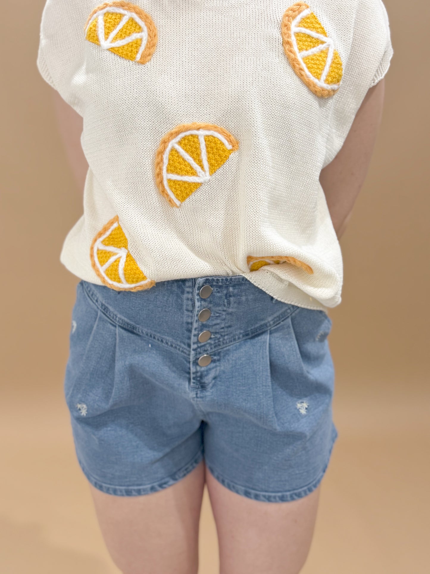 Greta Floral Embroidered Pleated Denim Shorts, Lt Denim