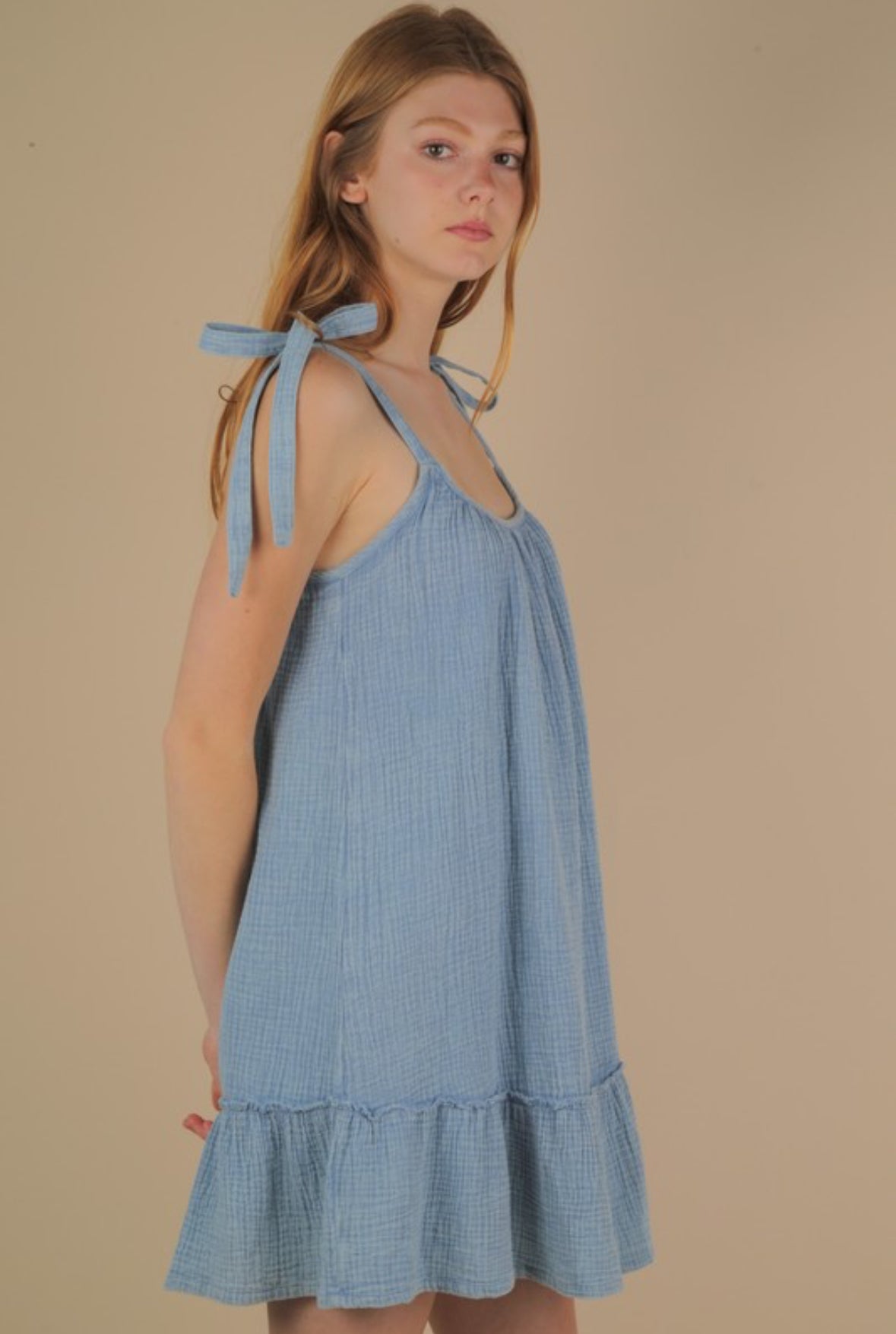 Kathi Mineral Washed Shoulder Tie Mini Dress, Denim