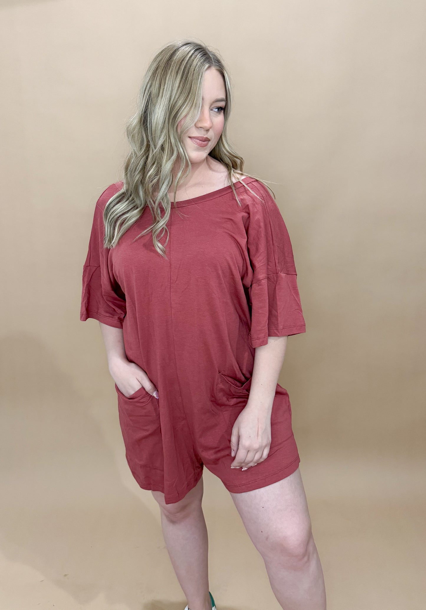 Randa Crew Neckline V-Back Oversized Romper, Brick