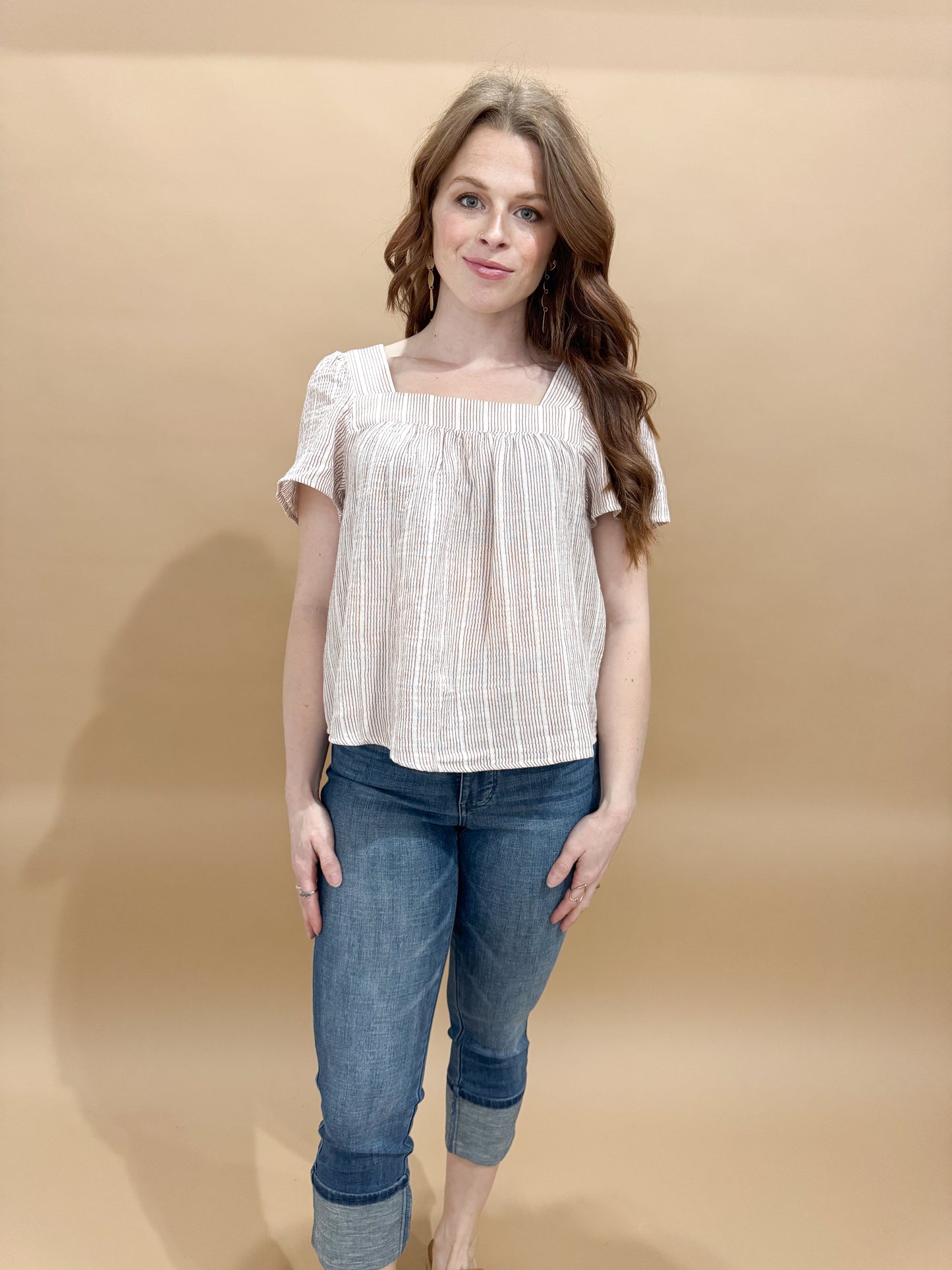Zena Flowy Boxy Cropped Gauze Striped Top, Amber (matching set)