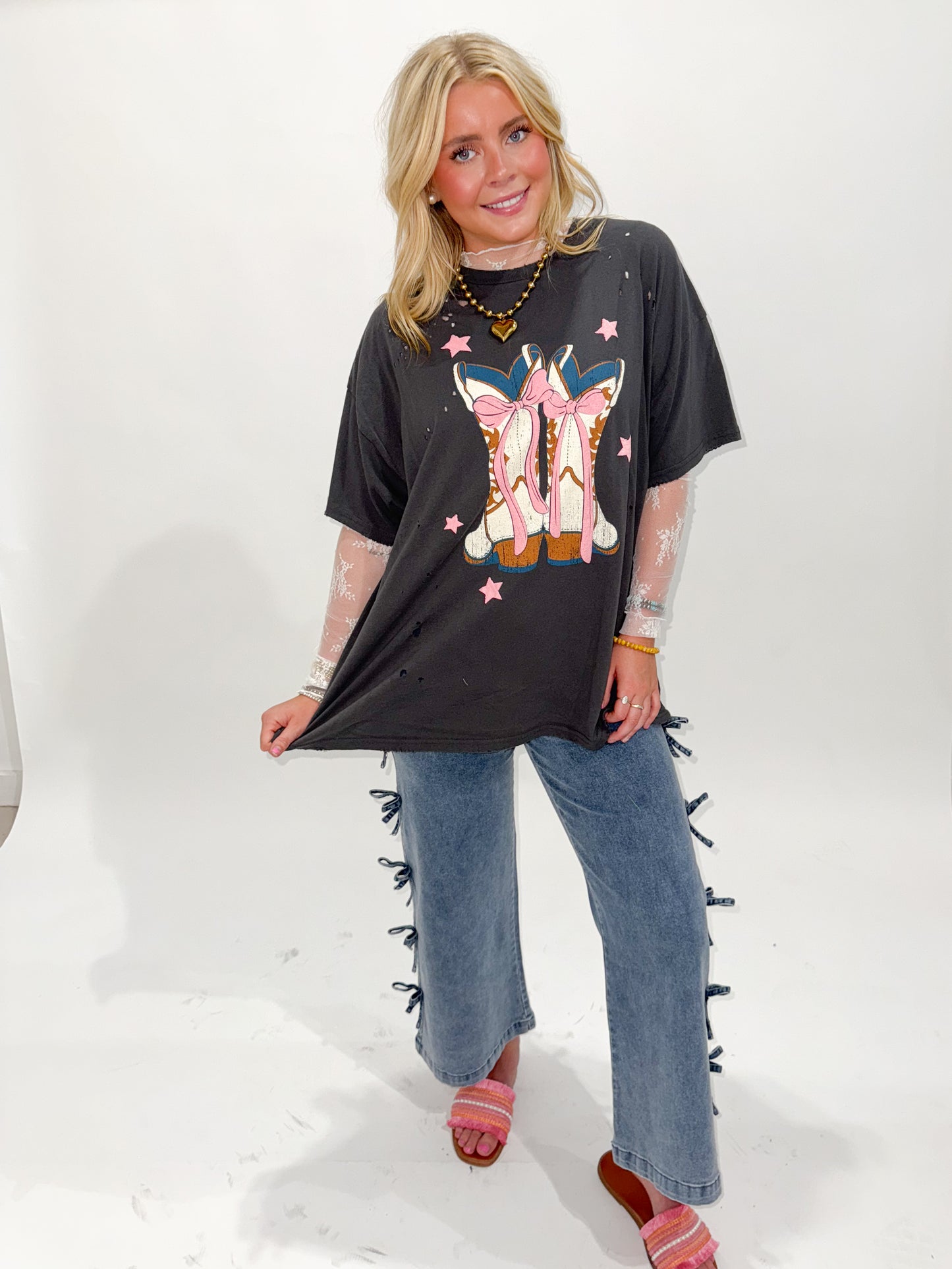 Bryleigh Puff Print Girly Cowboy Boots Oversized Graphic Tee, Black