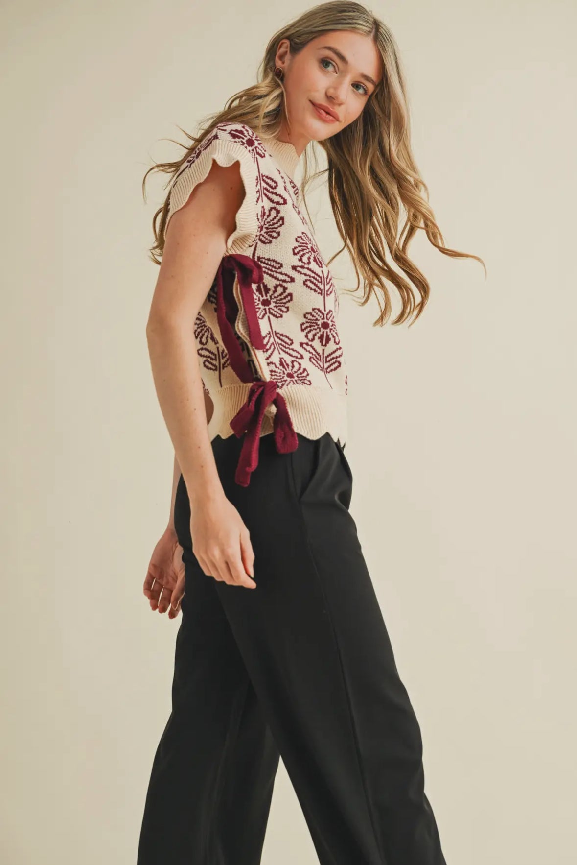 Helena Mock Neck Floral Sweater Vest, Mauve Wine
